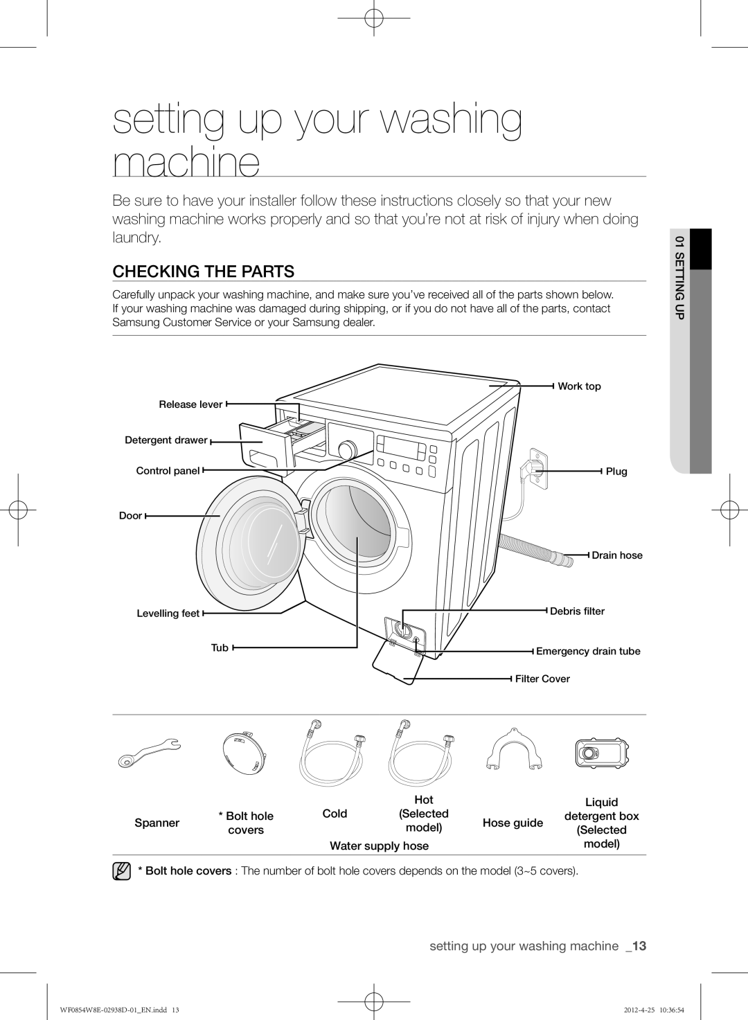 Samsung WF0854W8E1/YL manual Setting up your washing machine, Checking the parts, Water supply hose 