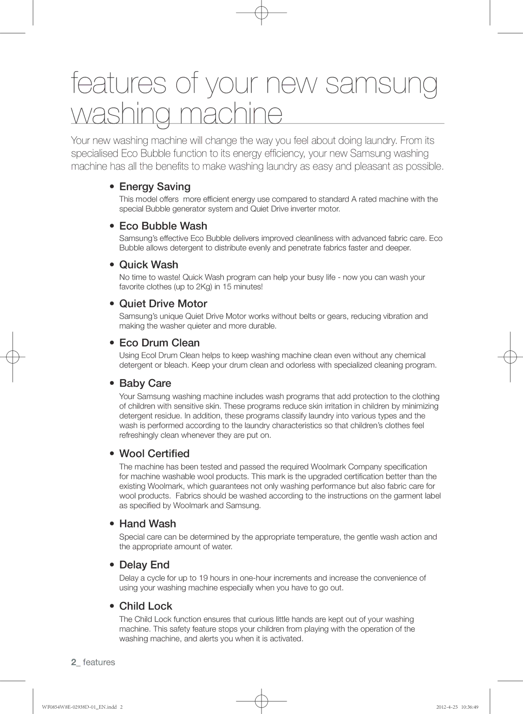 Samsung WF0854W8E1/YL manual Features of your new samsung washing machine 