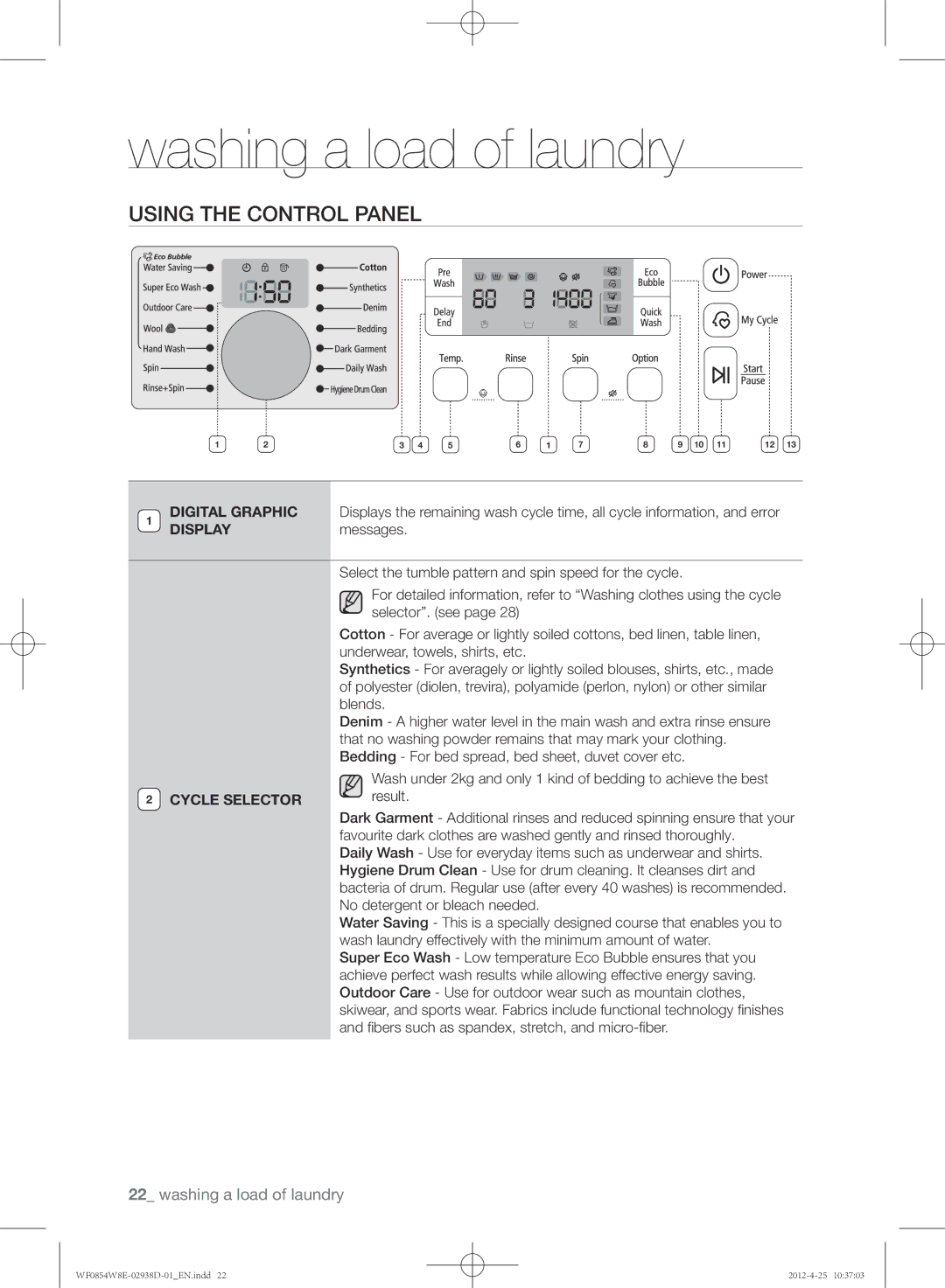 Samsung WF0854W8E1/YL manual Using the control panel, Result 