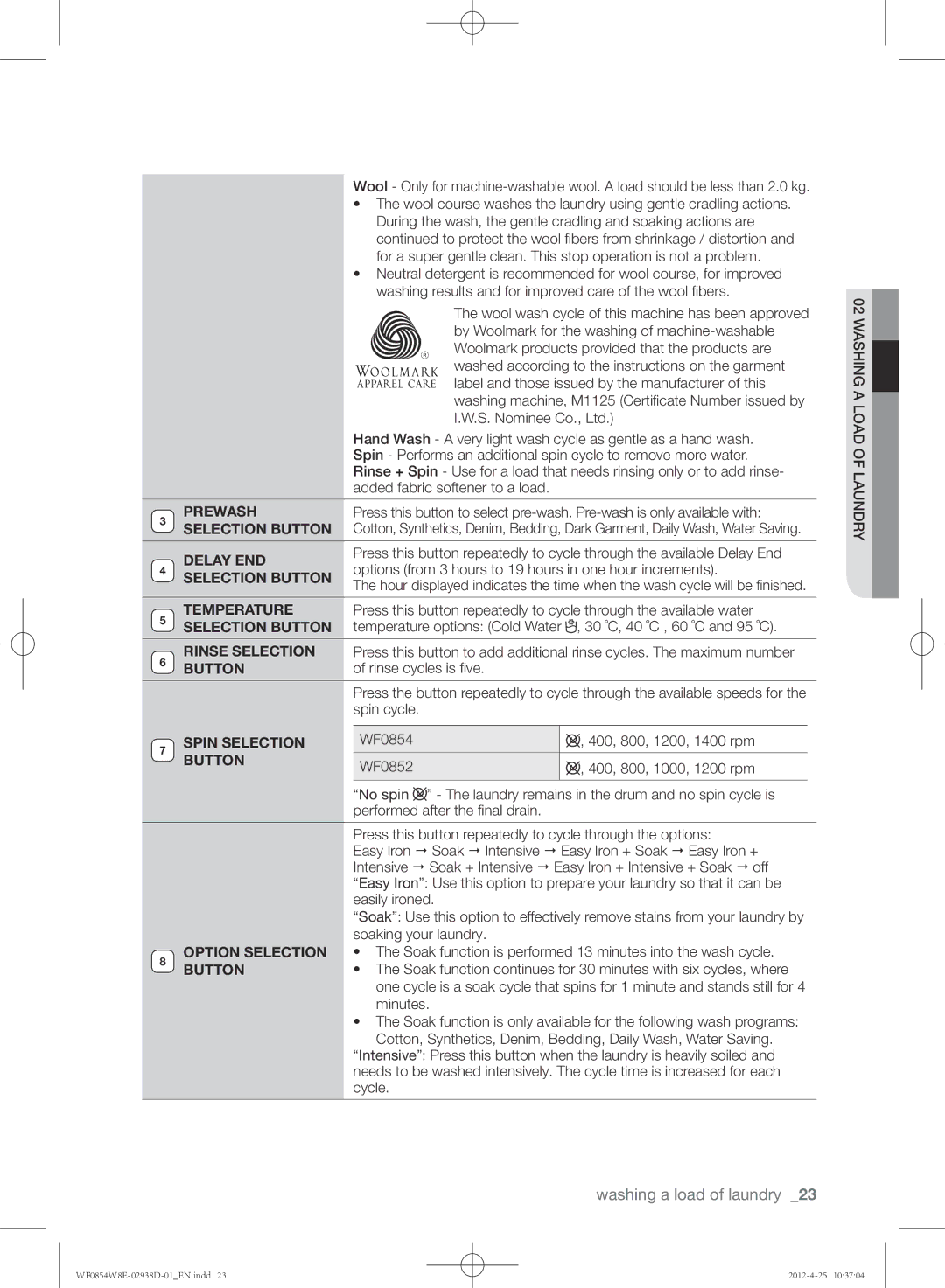 Samsung WF0854W8E1/YL By Woolmark for the washing of machine-washable, Woolmark products provided that the products are 