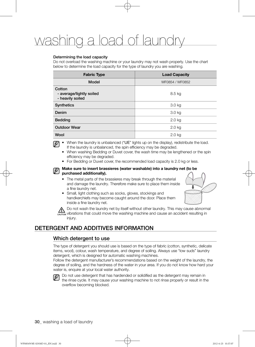 Samsung WF0854W8E1/YL manual Detergent and additives information, Which detergent to use, Fabric Type Load Capacity, Model 