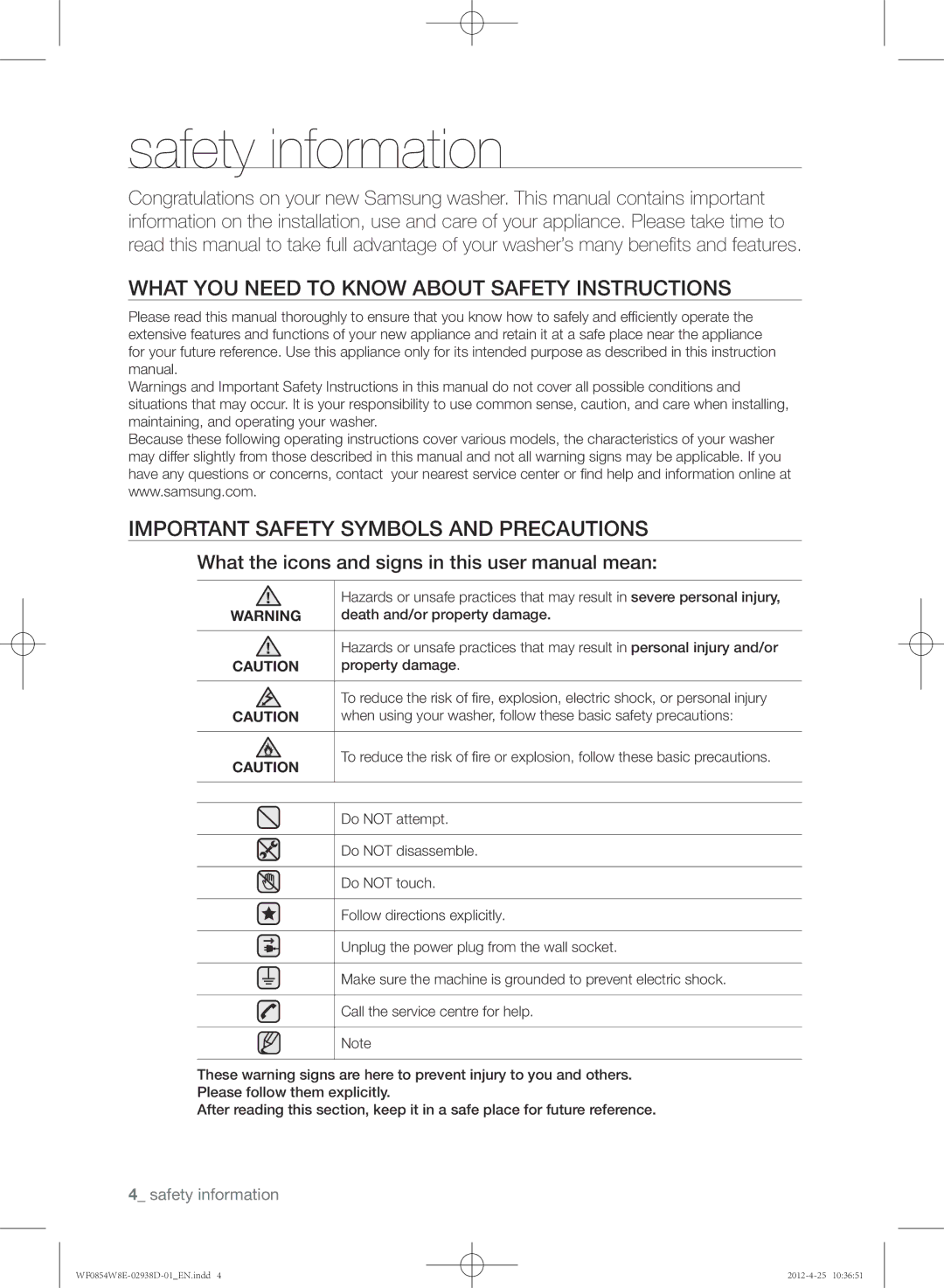 Samsung WF0854W8E1/YL manual Safety information 