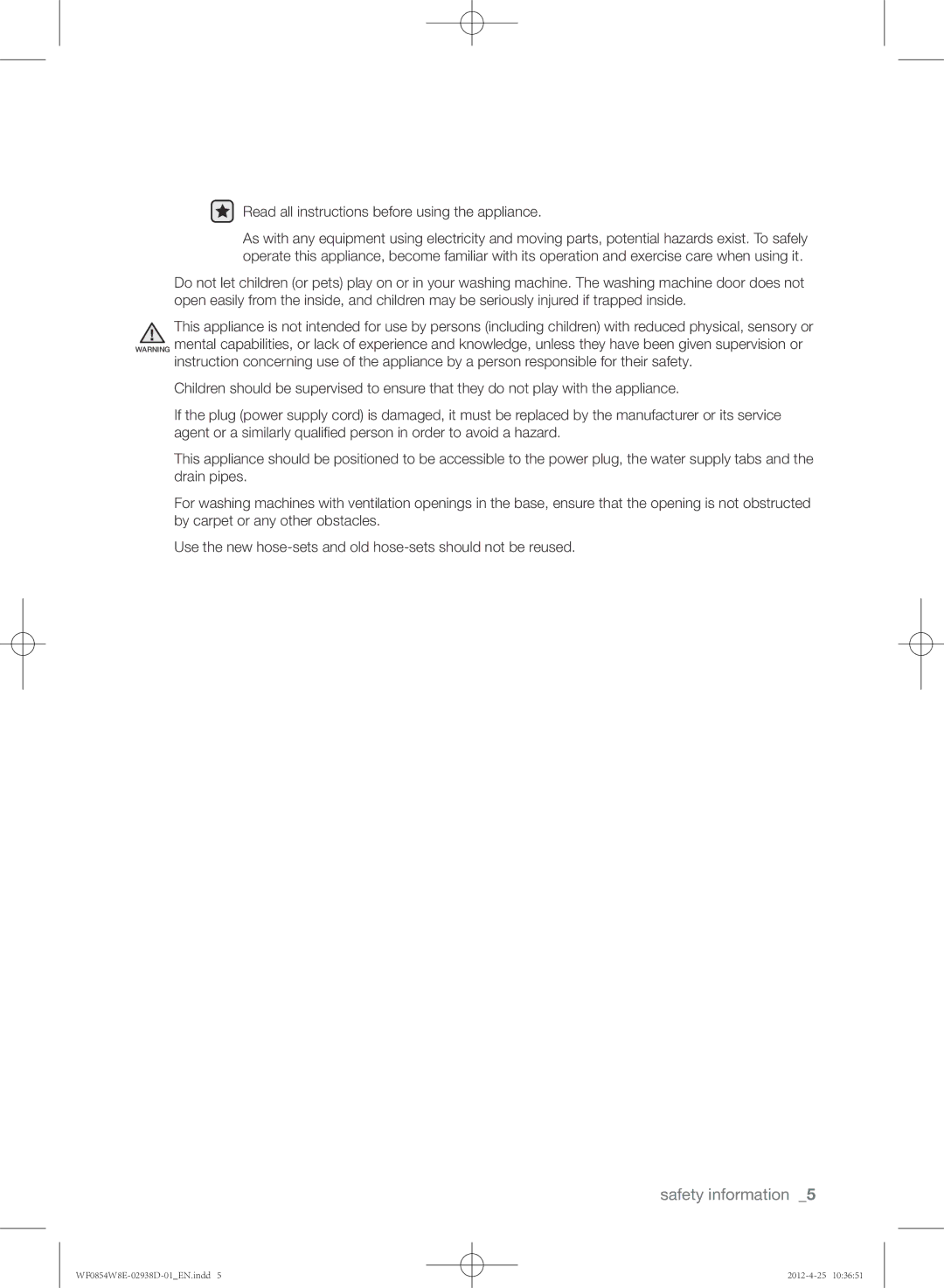 Samsung WF0854W8E1/YL manual Read all instructions before using the appliance 