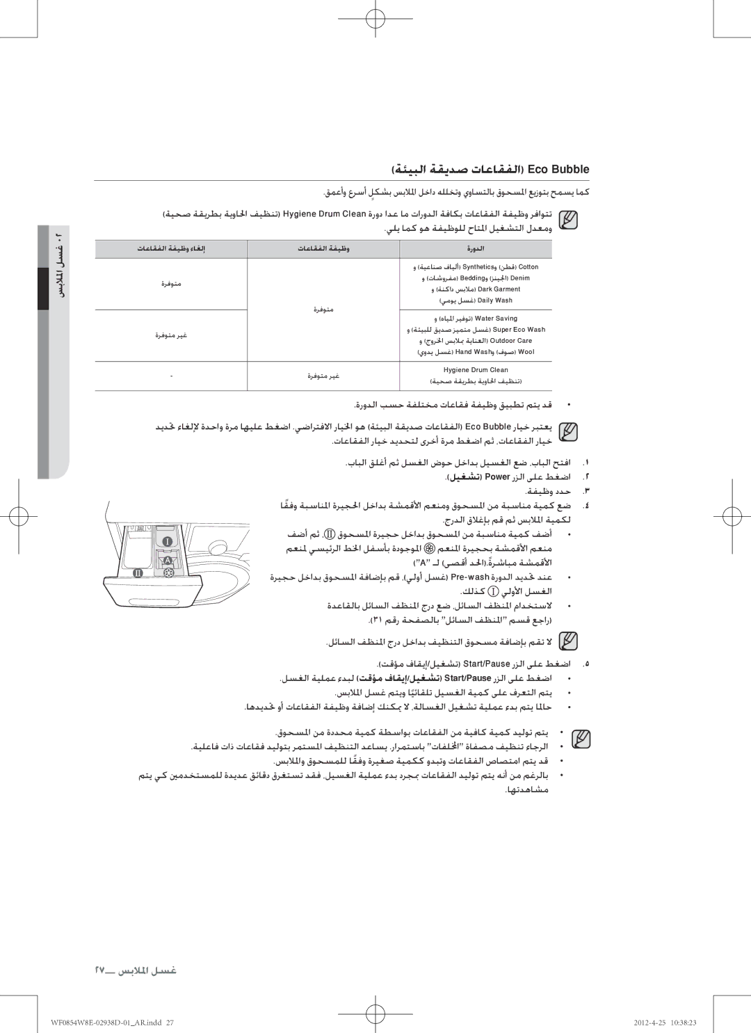 Samsung WF0854W8E1/YL manual ةئيبلا ةقيدص تاعاقفلا Eco Bubble, اهتدهاشم 