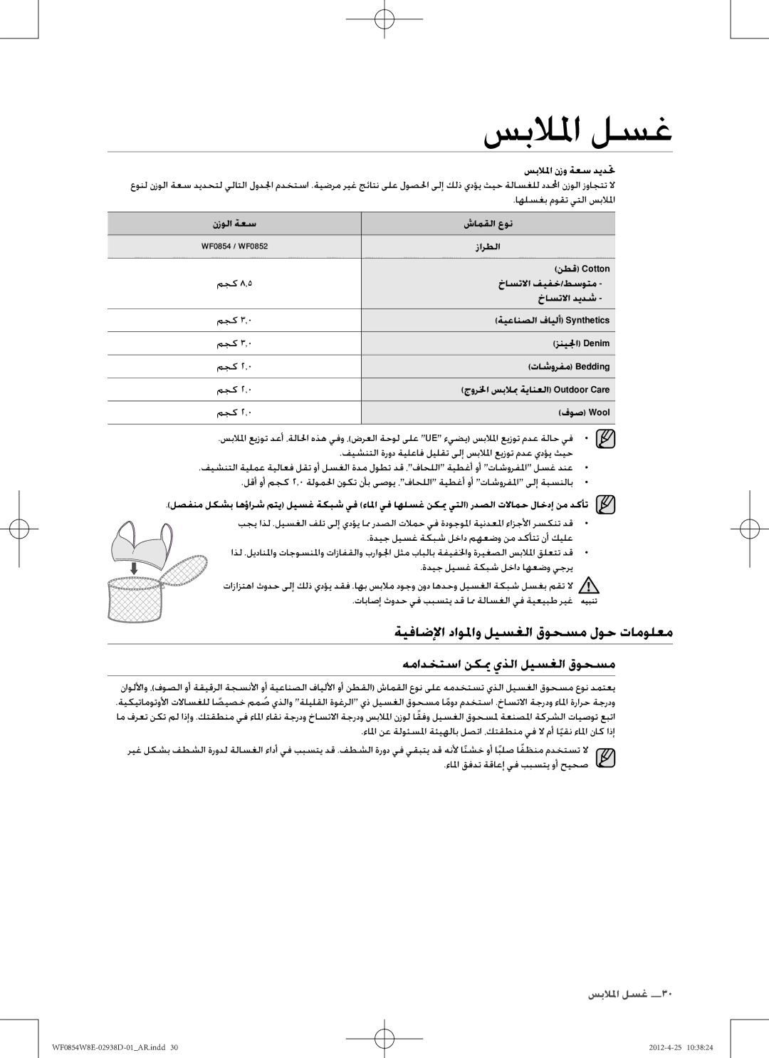 Samsung WF0854W8E1/YL manual ةيفاضلإا داولماو ليسغلا قوحسم لوح تامولعم, همادختسا نكيم يذلا ليسغلا قوحسم 