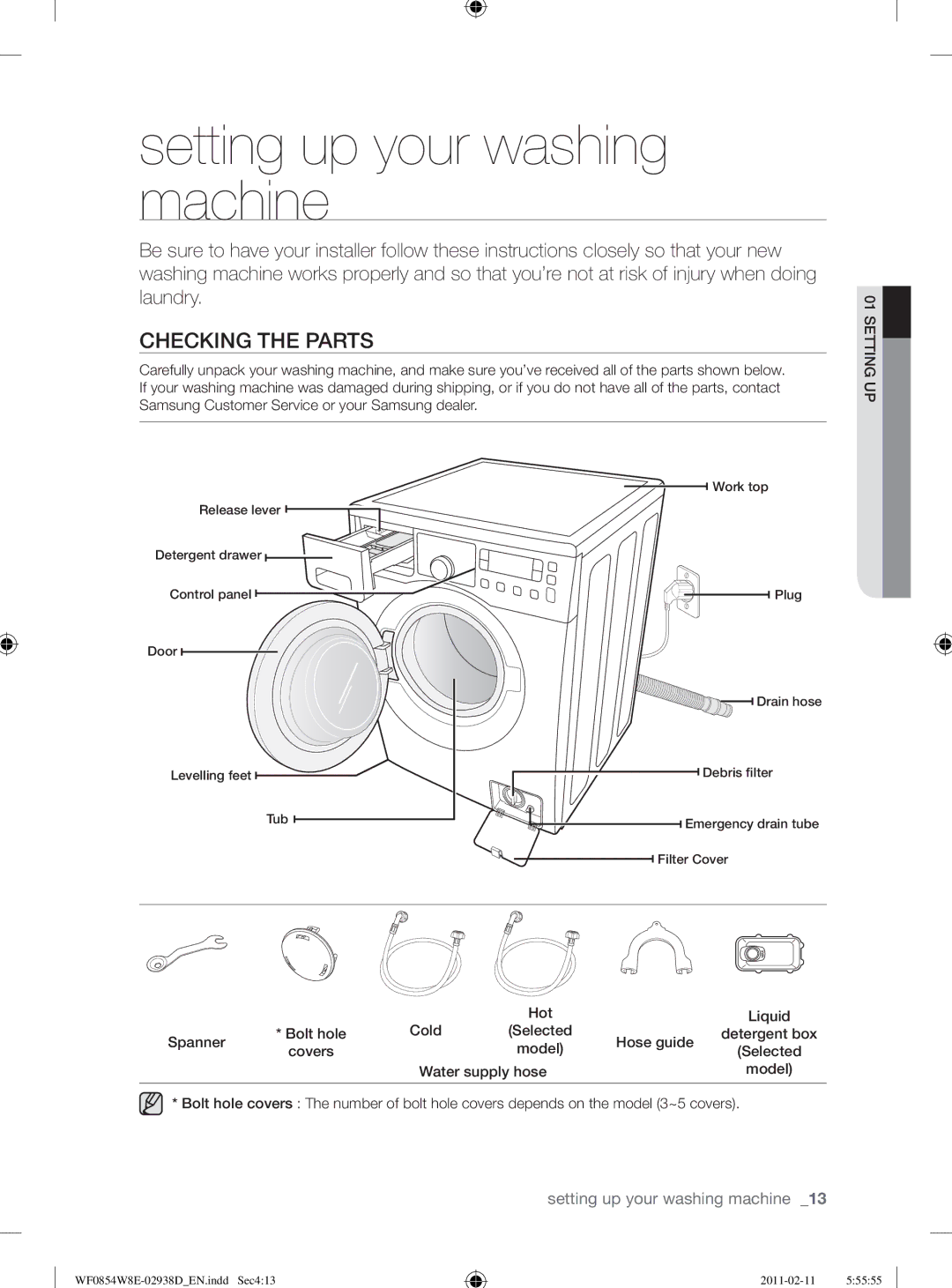 Samsung WF0854W8E/YL manual Setting up your washing machine, Checking the Parts 