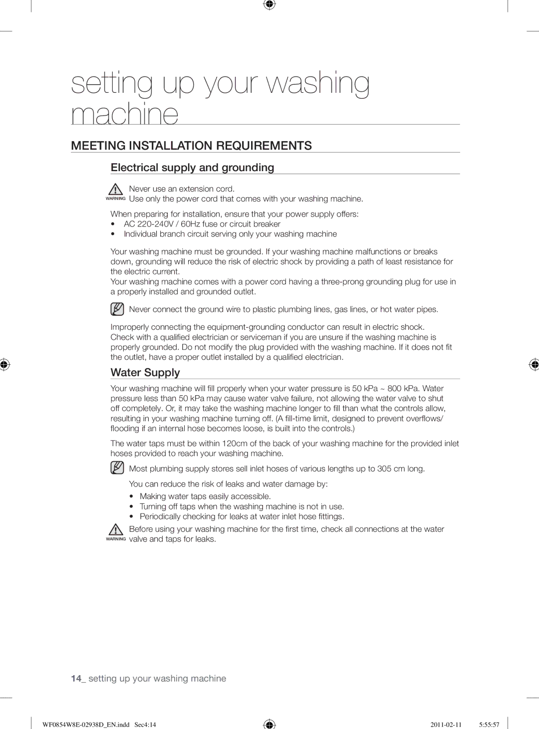 Samsung WF0854W8E/YL manual Meeting Installation Requirements, Electrical supply and grounding, Water Supply 