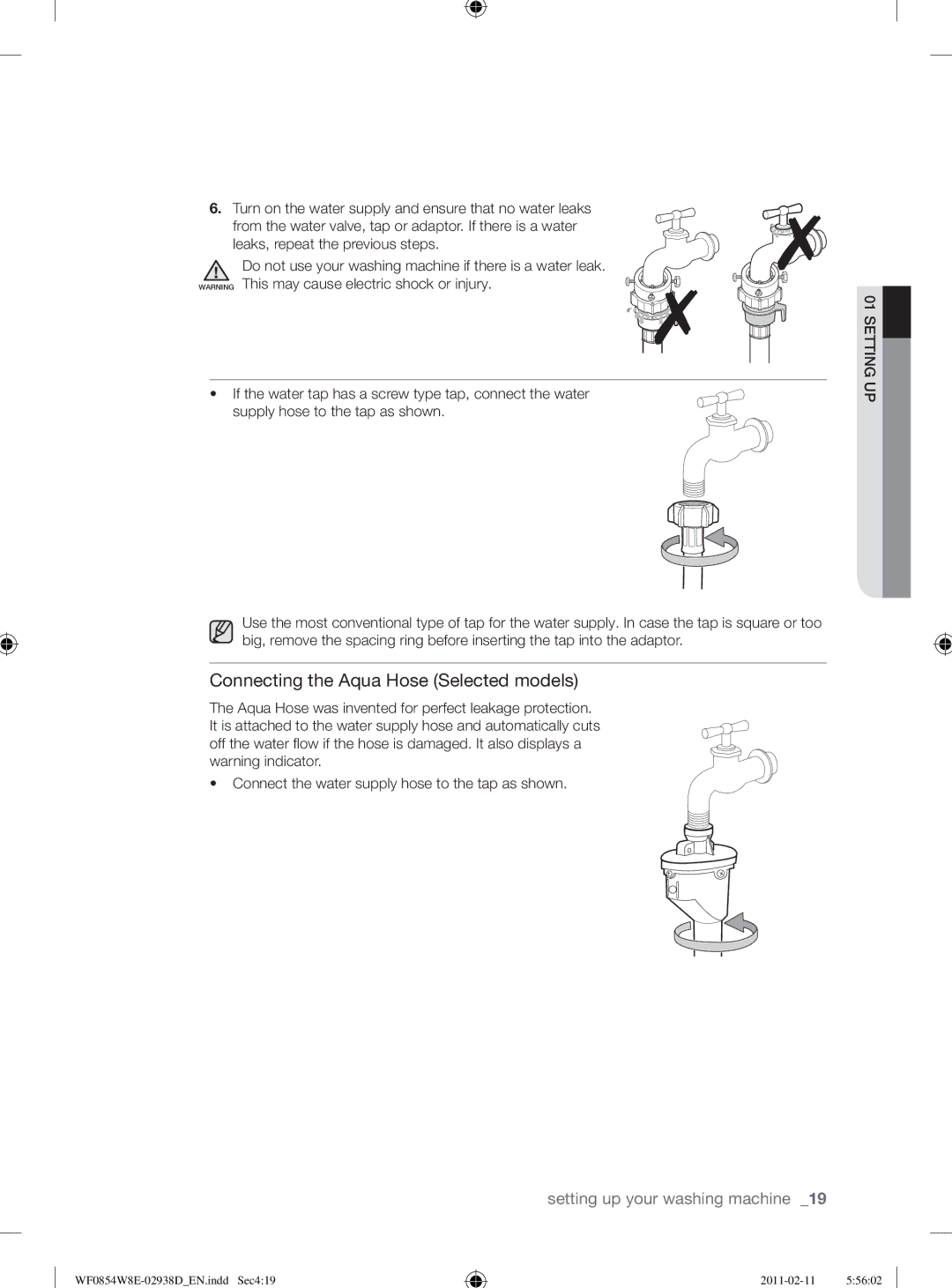 Samsung WF0854W8E/YL manual Connecting the Aqua Hose Selected models 