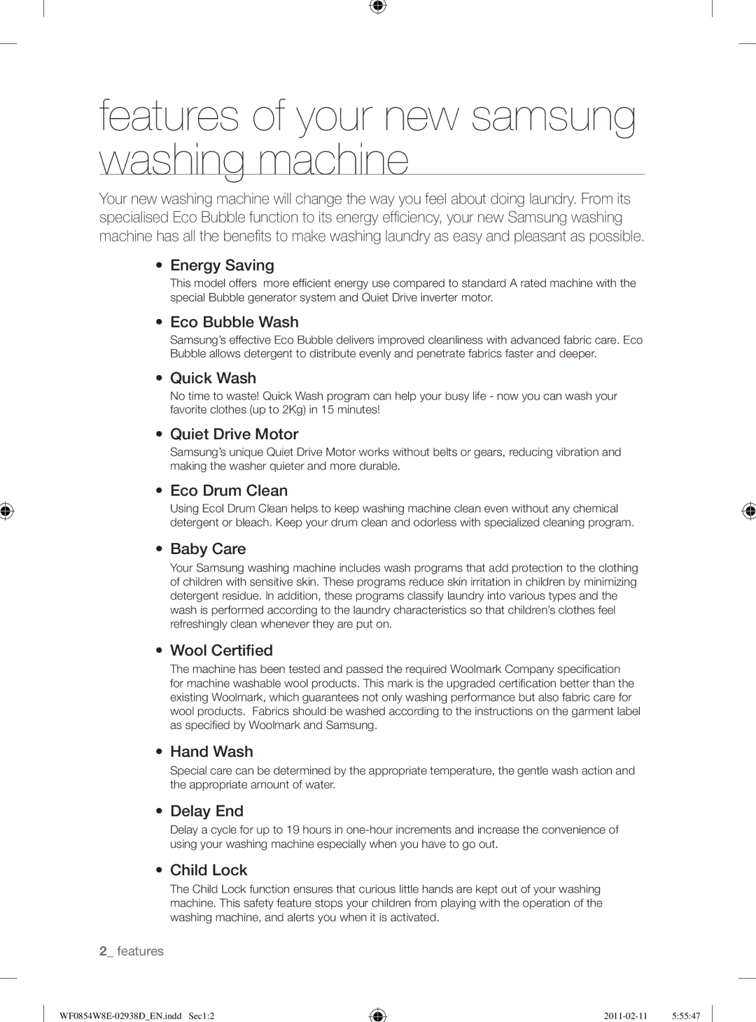 Samsung WF0854W8E/YL manual Features of your new samsung washing machine 