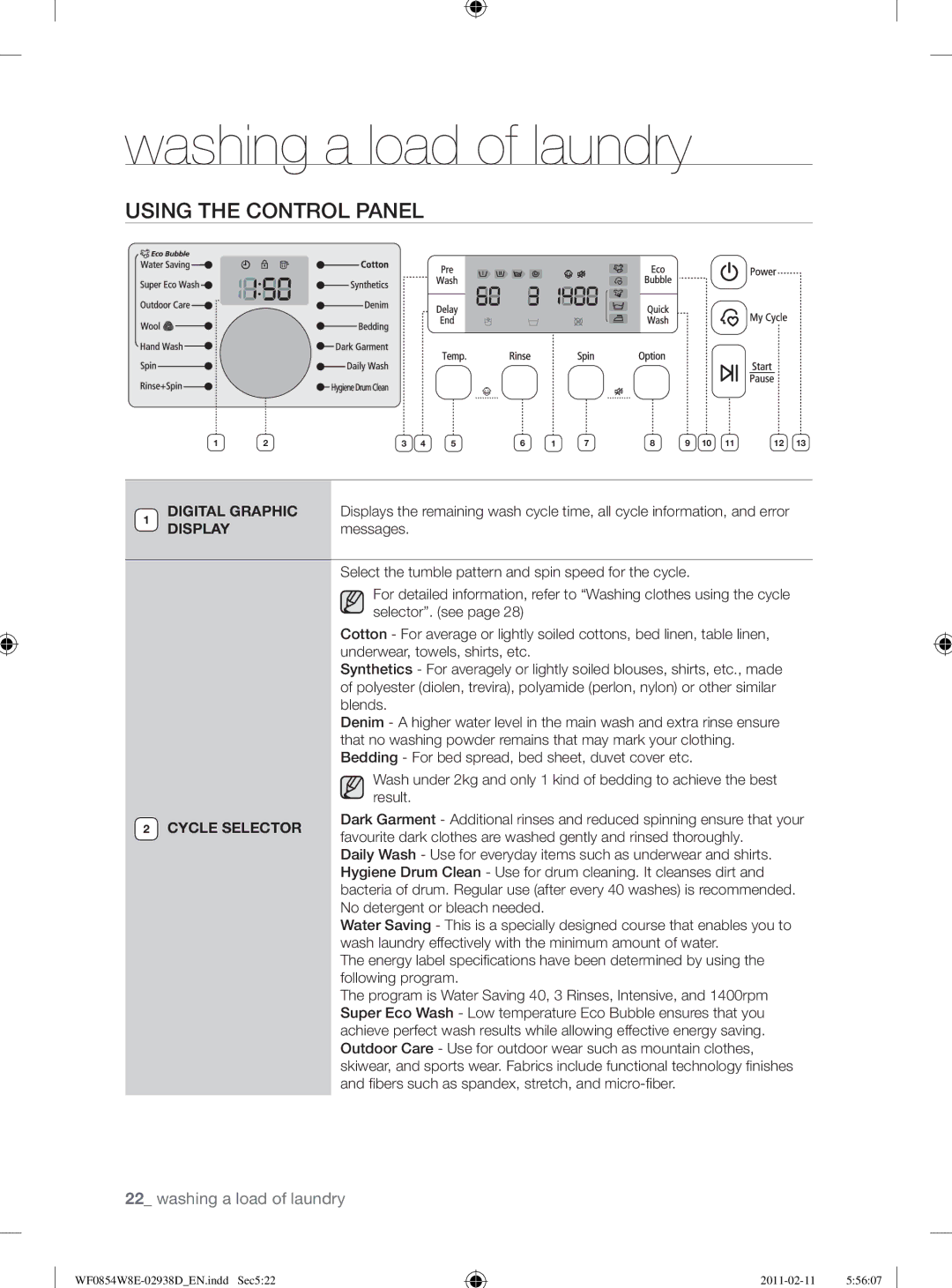 Samsung WF0854W8E/YL manual Using the Control Panel, Cycle Selector 