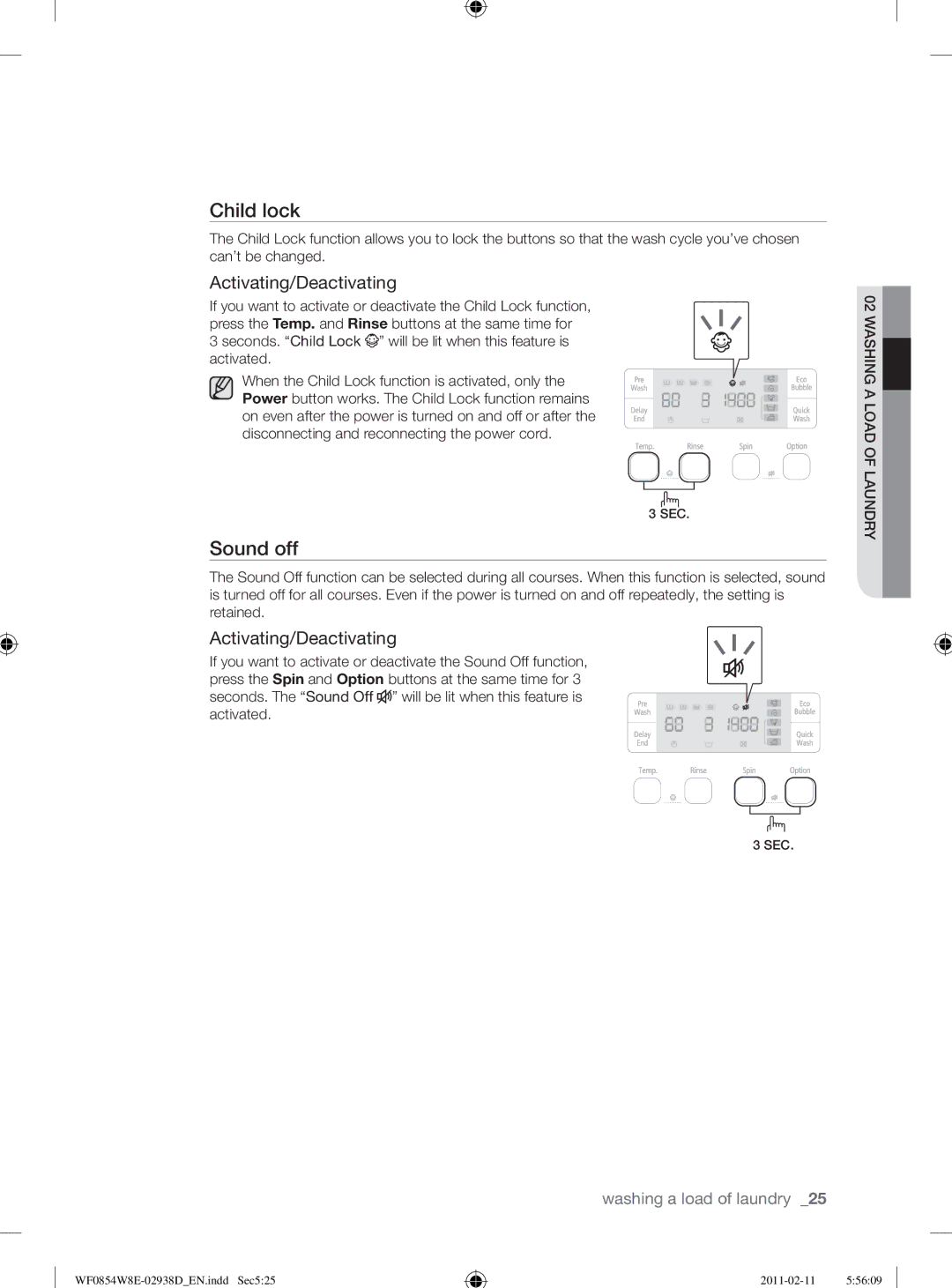 Samsung WF0854W8E/YL manual Sound off, Activating/Deactivating 