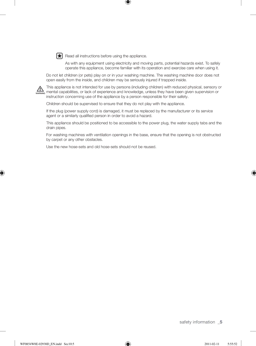 Samsung WF0854W8E/YL manual Read all instructions before using the appliance 