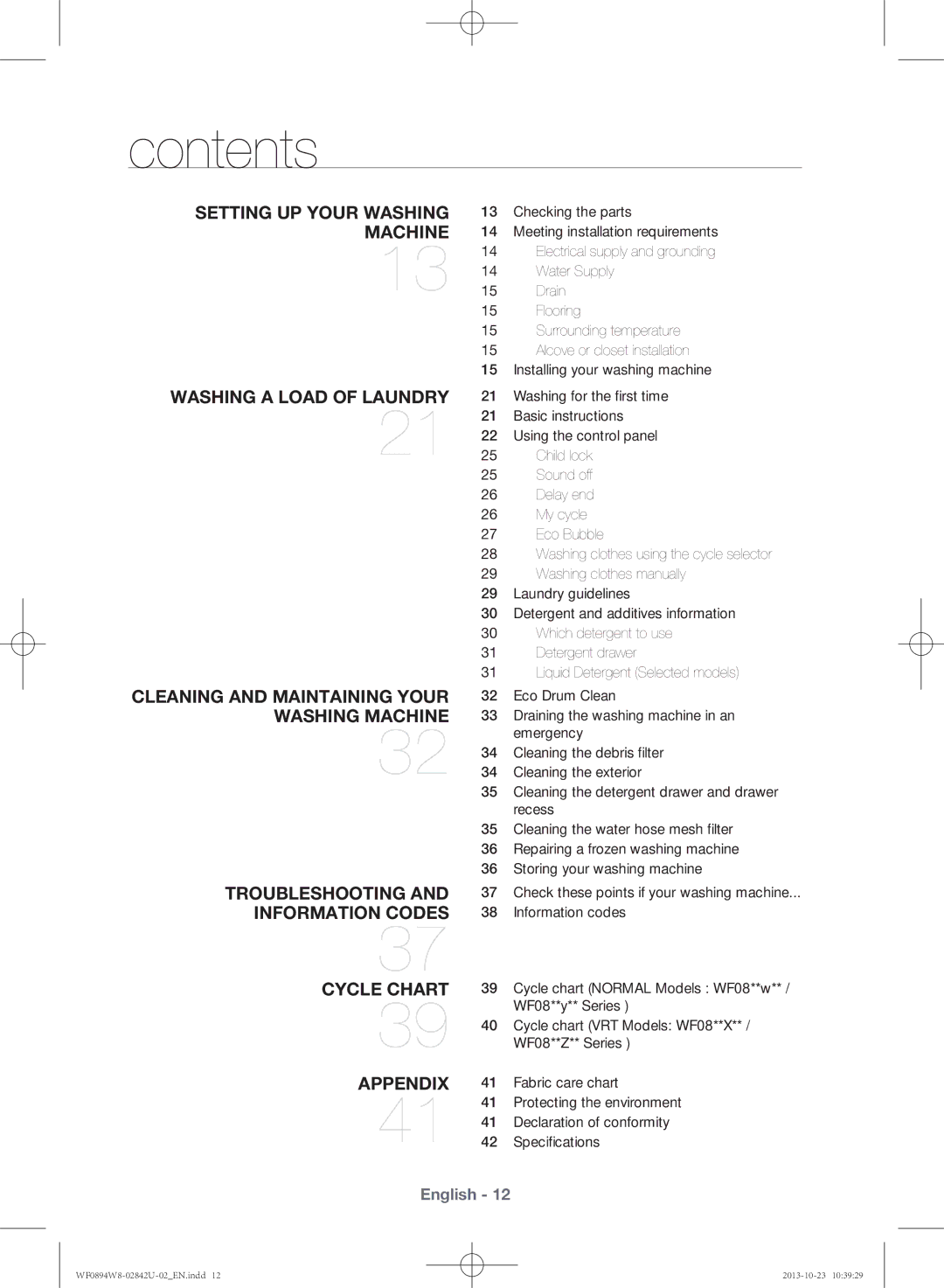 Samsung WF0894W8E9/XSV manual Contents 