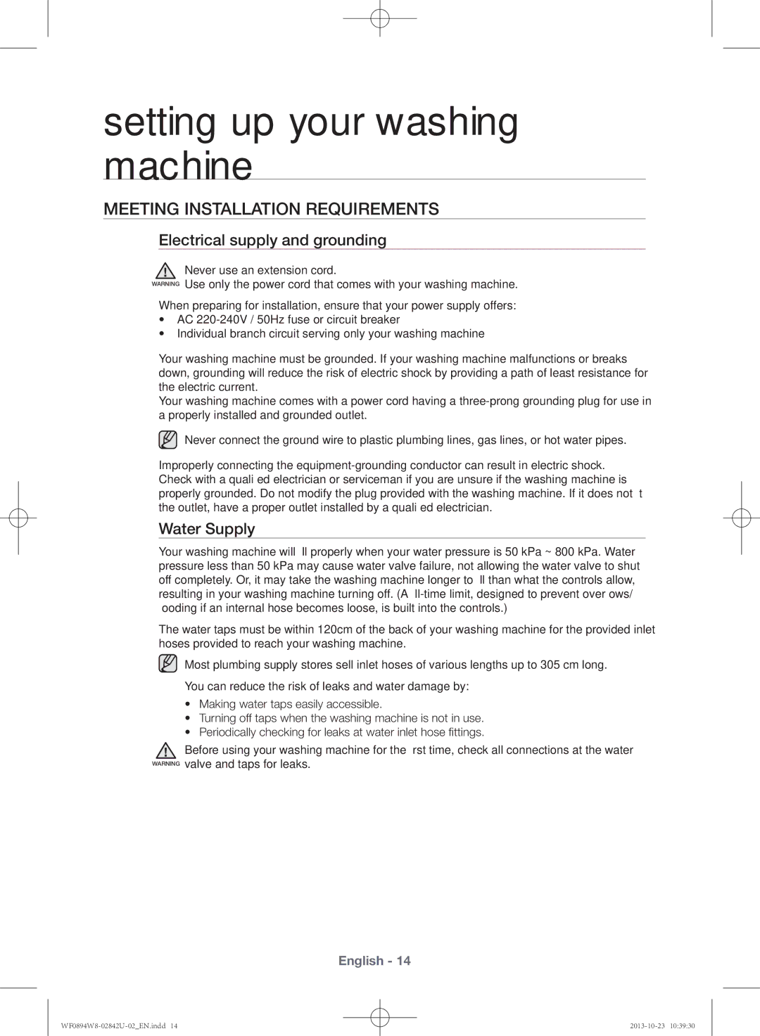 Samsung WF0894W8E9/XSV manual Meeting installation requirements, Electrical supply and grounding, Water Supply 