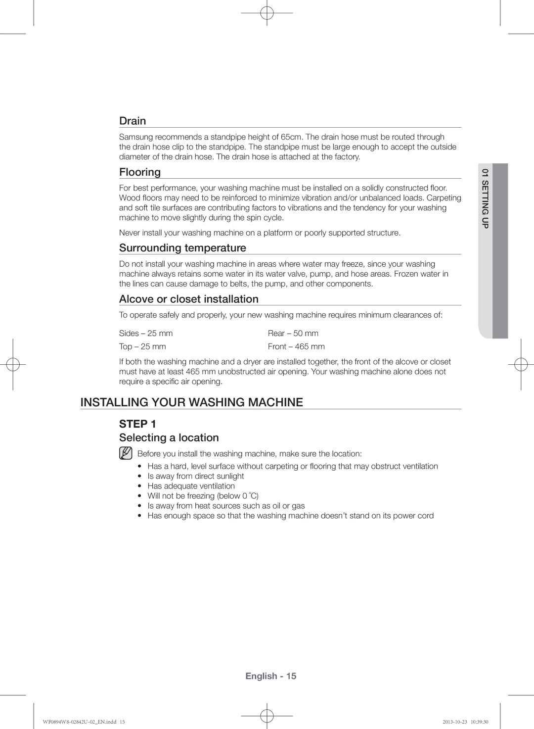 Samsung WF0894W8E9/XSV manual Installing your washing machine 