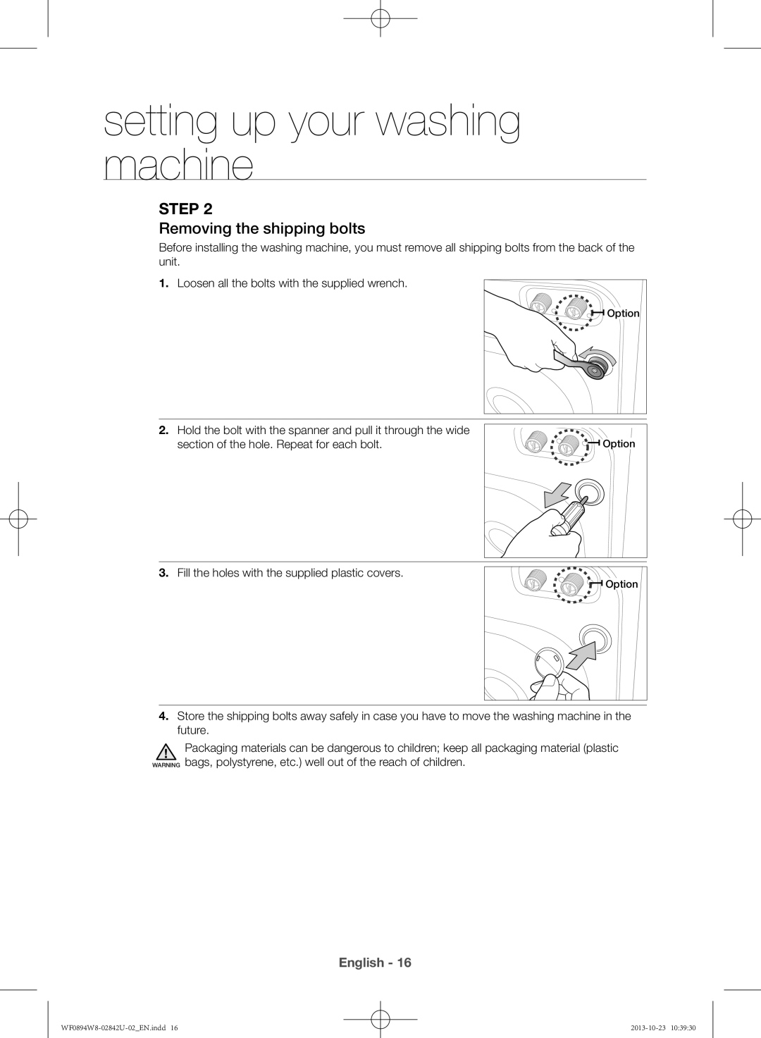 Samsung WF0894W8E9/XSV manual Removing the shipping bolts 