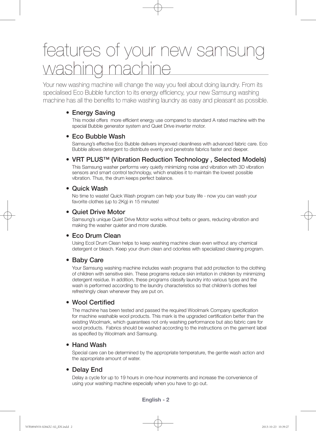 Samsung WF0894W8E9/XSV manual Energy Saving, Eco Bubble Wash, VRT Plus Vibration Reduction Technology , Selected Models 