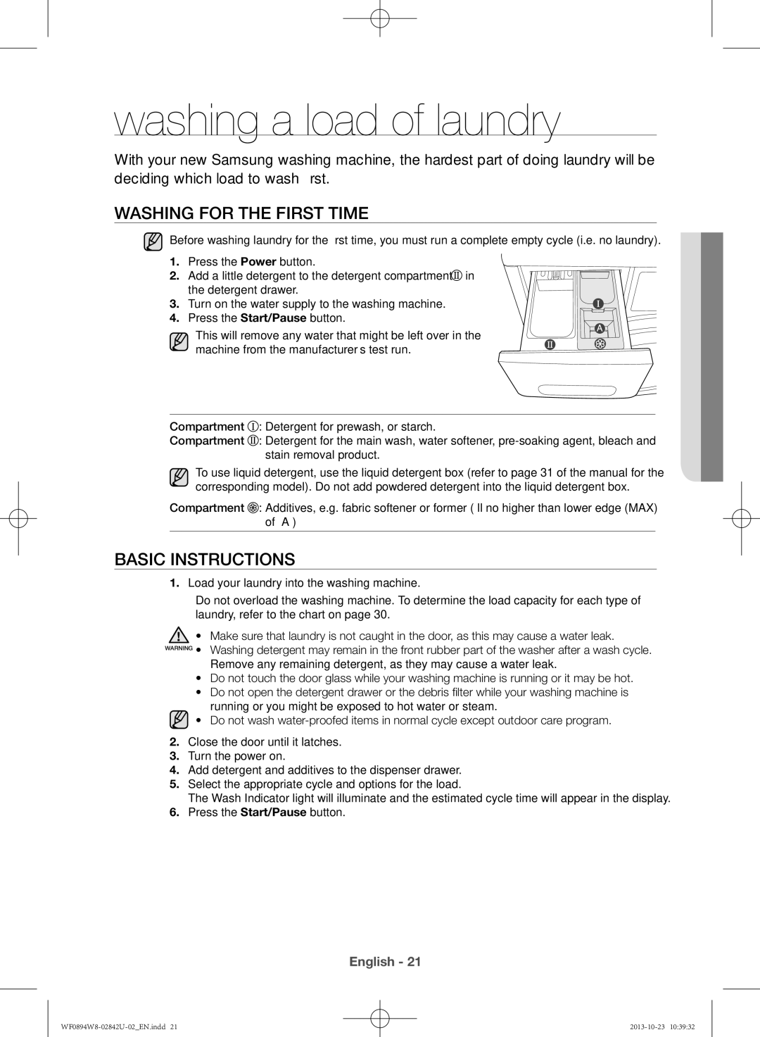 Samsung WF0894W8E9/XSV manual Washing for the first time, Basic instructions 