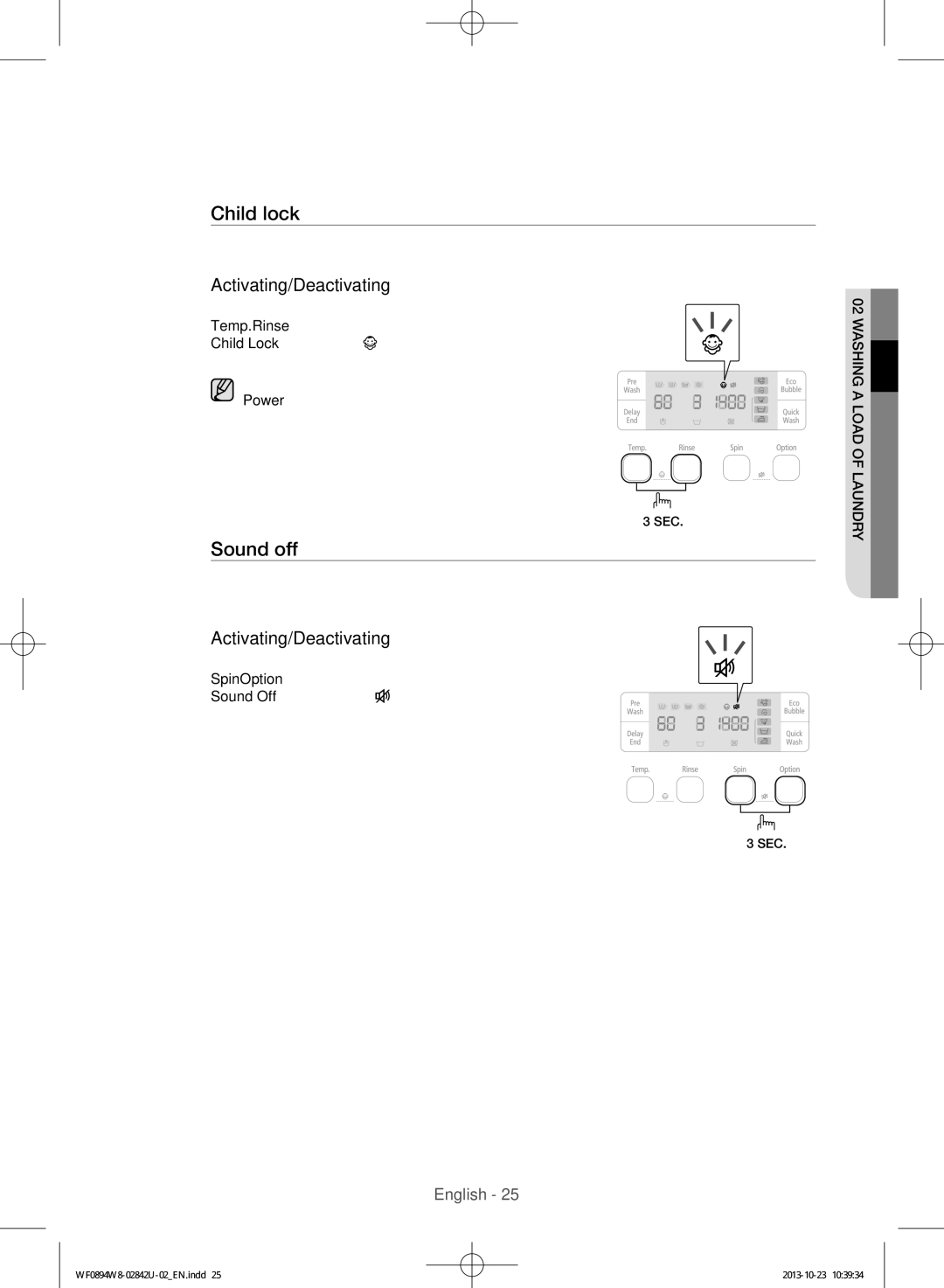 Samsung WF0894W8E9/XSV manual Sound off, Activating/Deactivating 