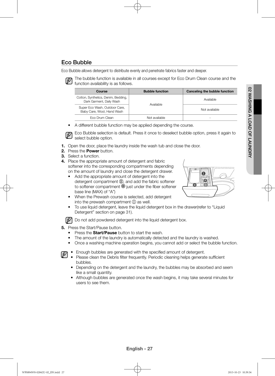 Samsung WF0894W8E9/XSV manual Eco Bubble, Course Bubble function Canceling the bubble function 