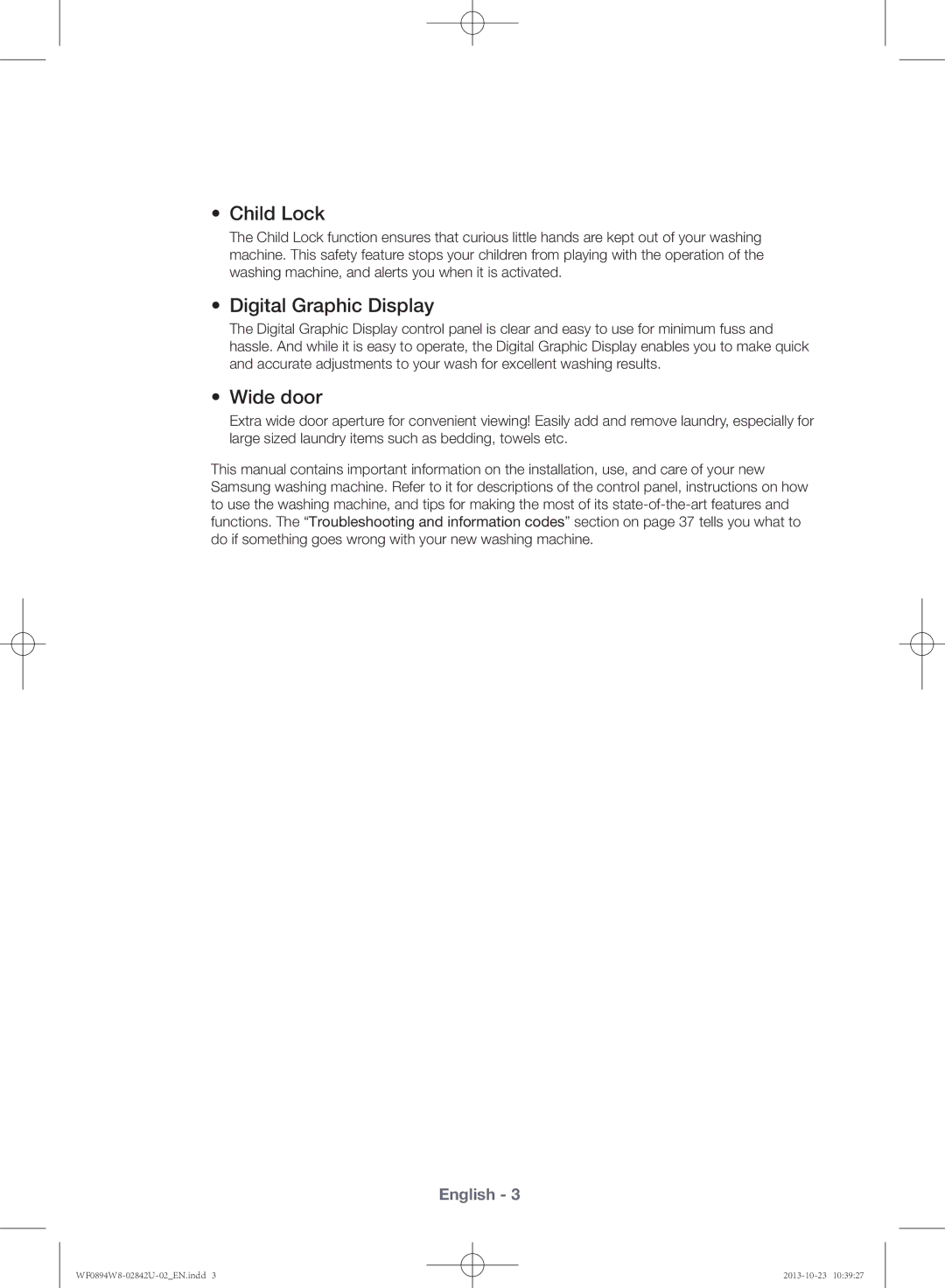 Samsung WF0894W8E9/XSV manual Child Lock, Digital Graphic Display, Wide door 