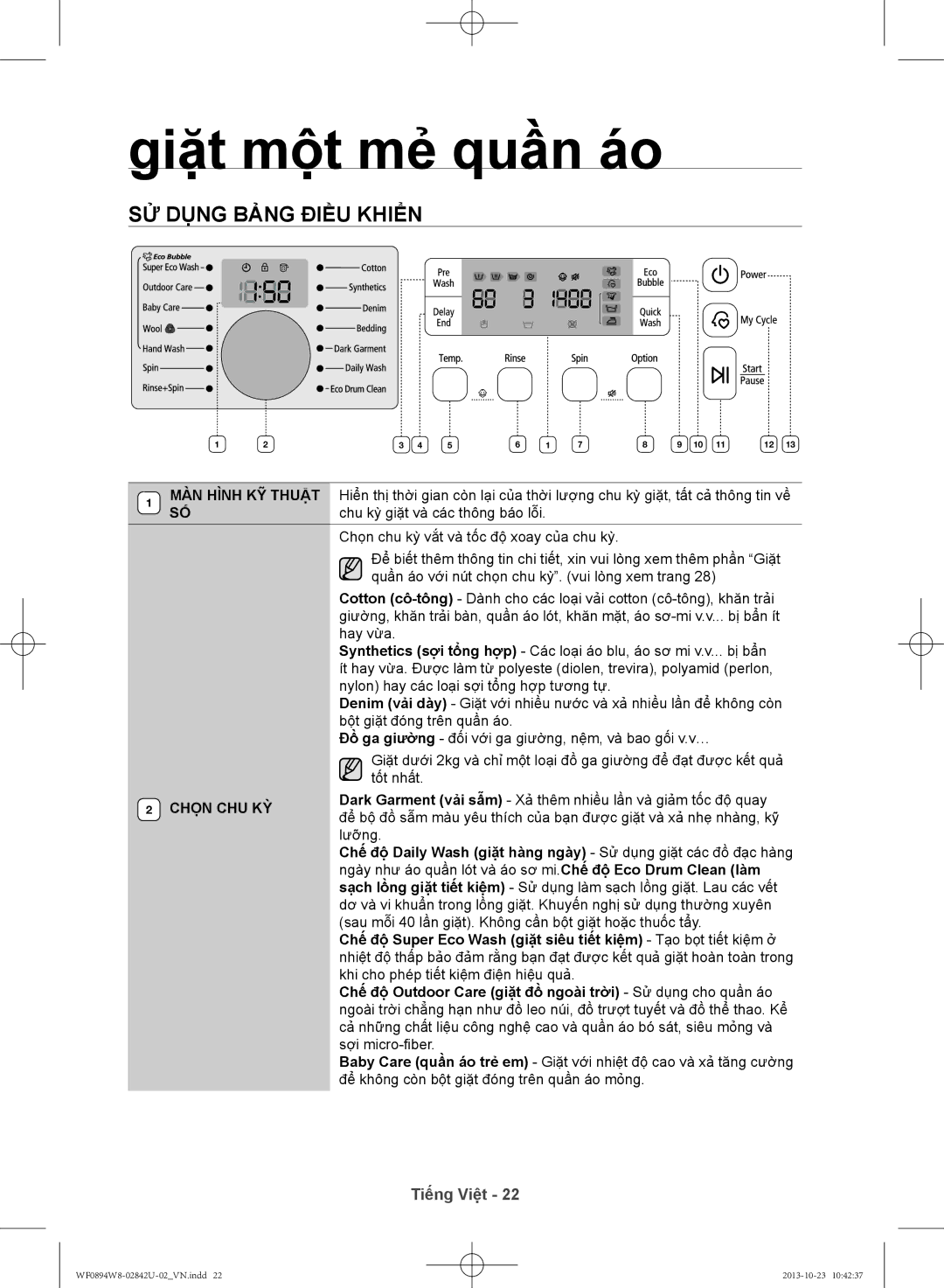 Samsung WF0894W8E9/XSV manual Sử dụng bảng điều khiển, Chọn CHU KỲ 