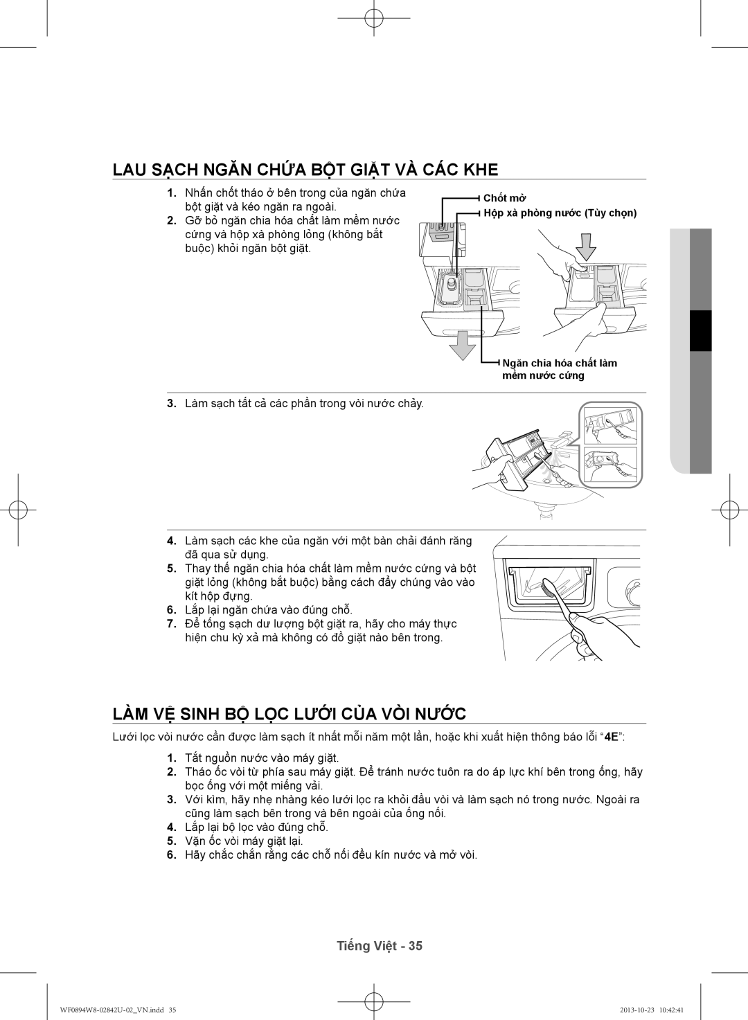 Samsung WF0894W8E9/XSV manual Lau sạch ngăn chứa bột giặt và các khe, Làm vệ sinh bộ lọc lưới của vòi nước 