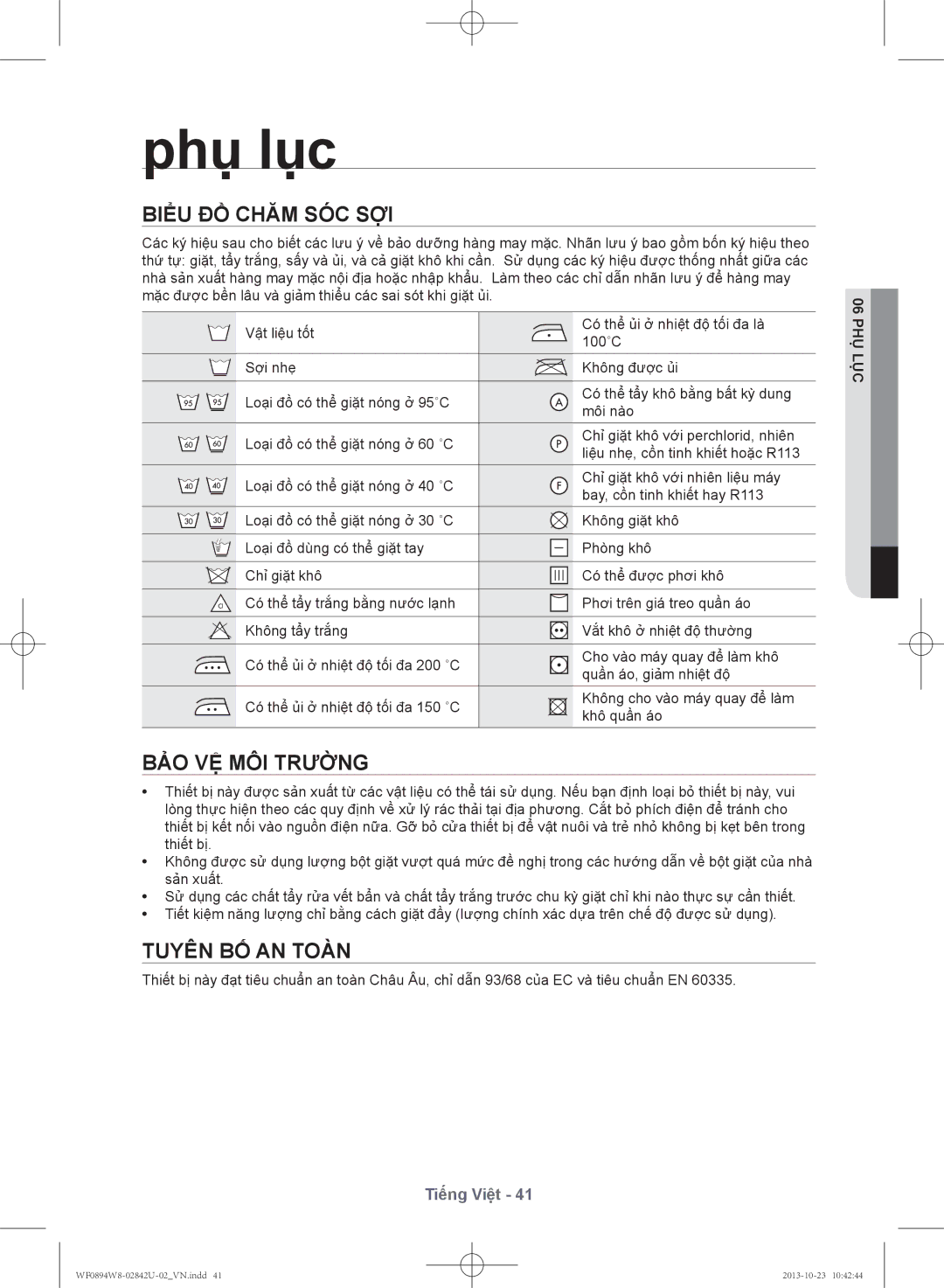 Samsung WF0894W8E9/XSV manual Biểu đồ chăm sóc sợi, Bảo vệ môi trường, Tuyên bố an toàn, Lụchụ 06 P 