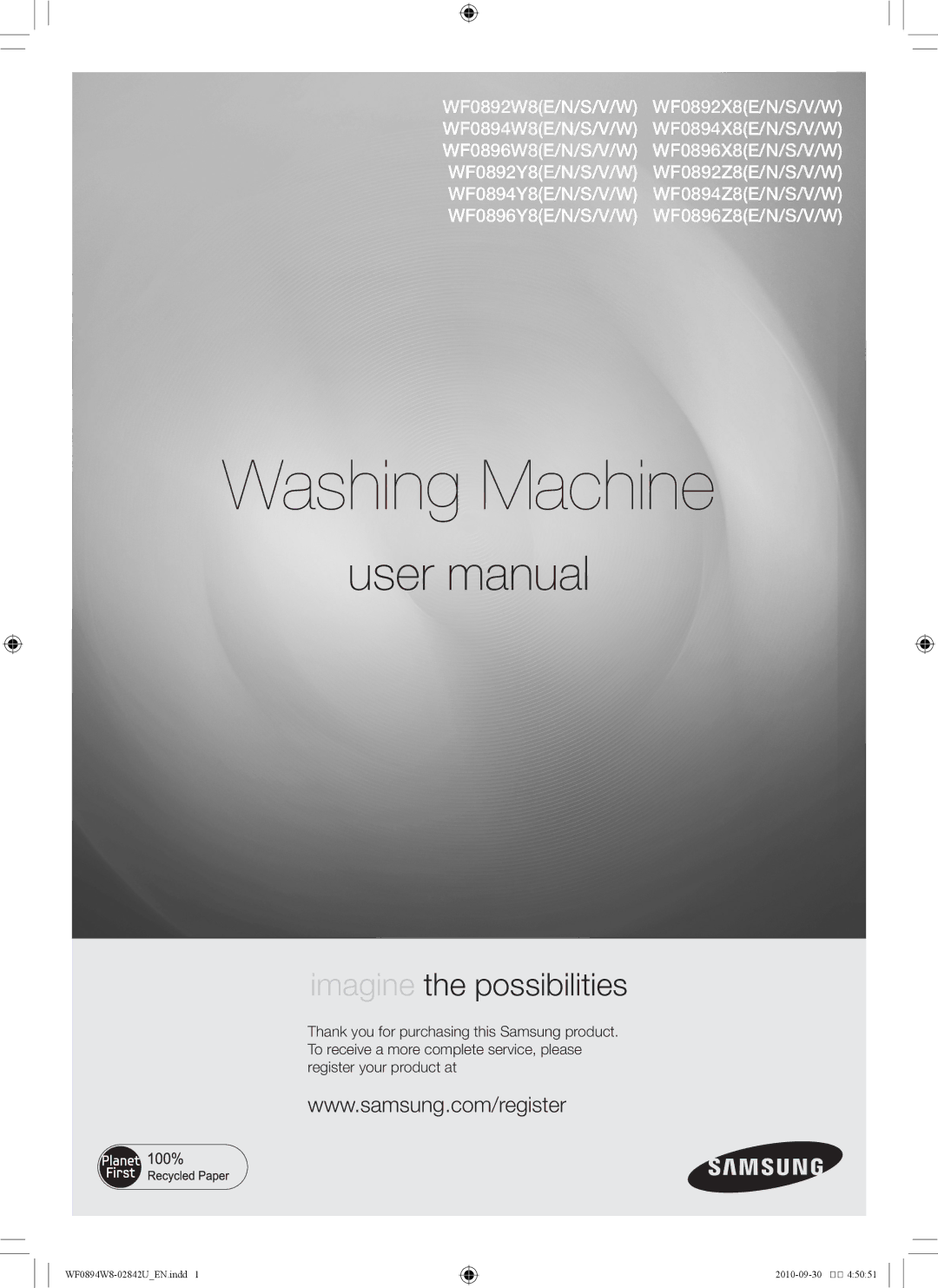 Samsung WF0894W8E1/XSV, WF0894W8E/XSV manual Washing Machine 