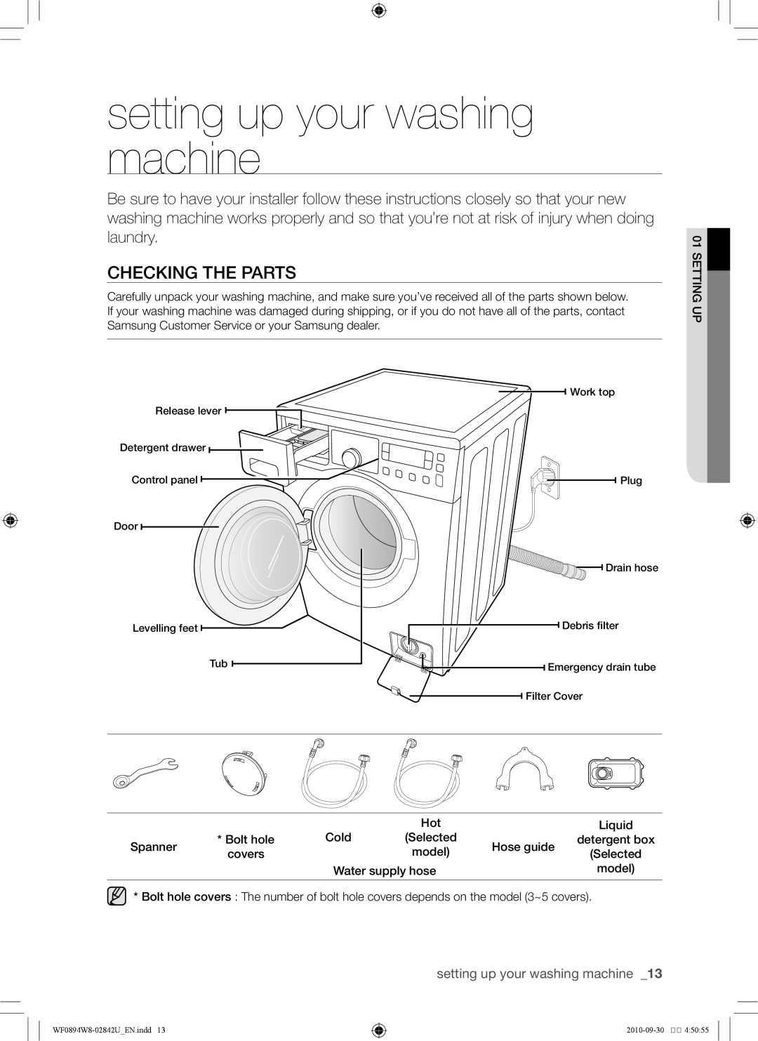 Samsung WF0894W8E1/XSV, WF0894W8E/XSV manual Setting up your washing machine, Checking the parts 