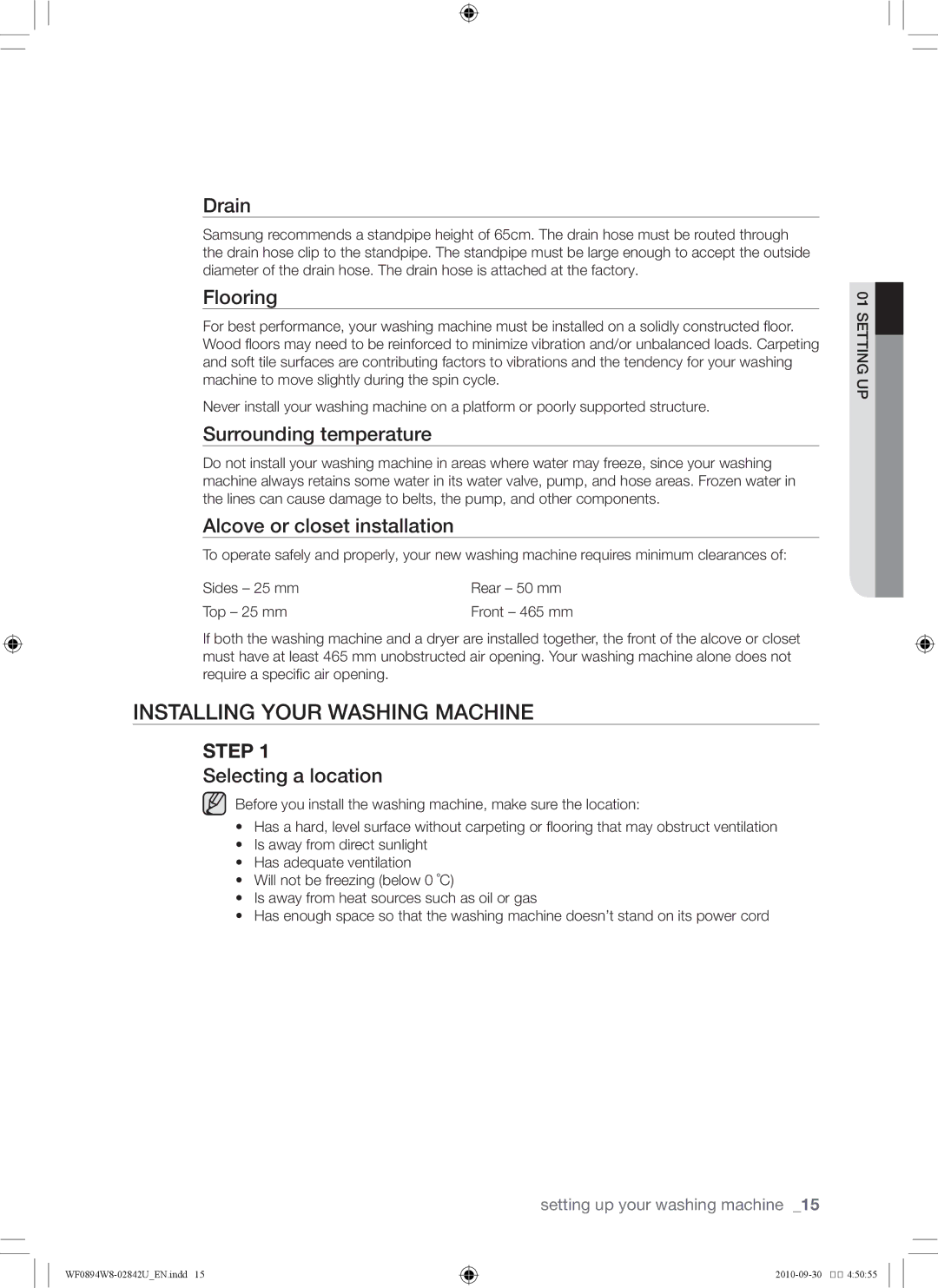 Samsung WF0894W8E1/XSV, WF0894W8E/XSV manual Installing your washing machine 