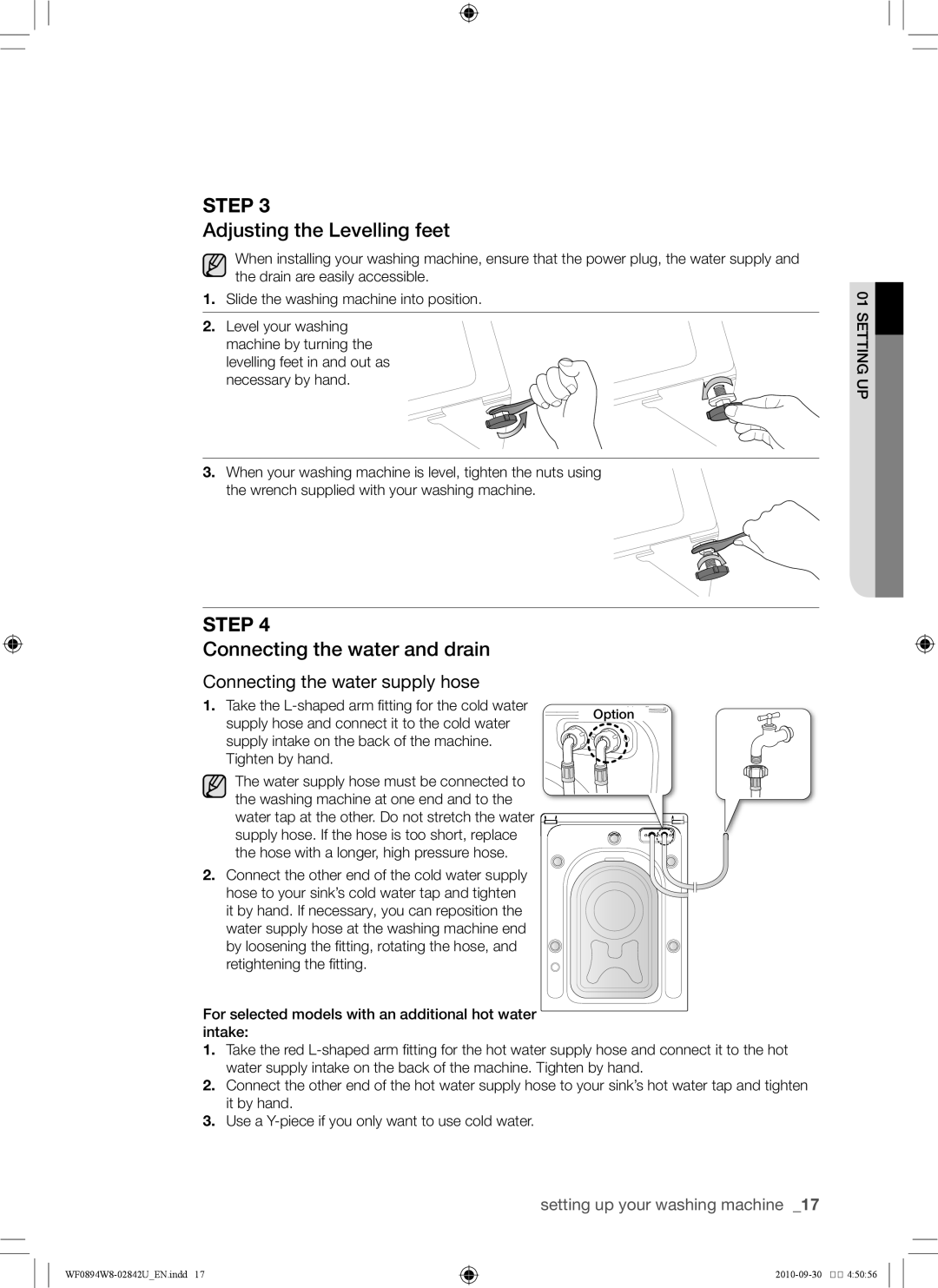 Samsung WF0894W8E1/XSV, WF0894W8E/XSV manual Adjusting the Levelling feet, Connecting the water and drain 