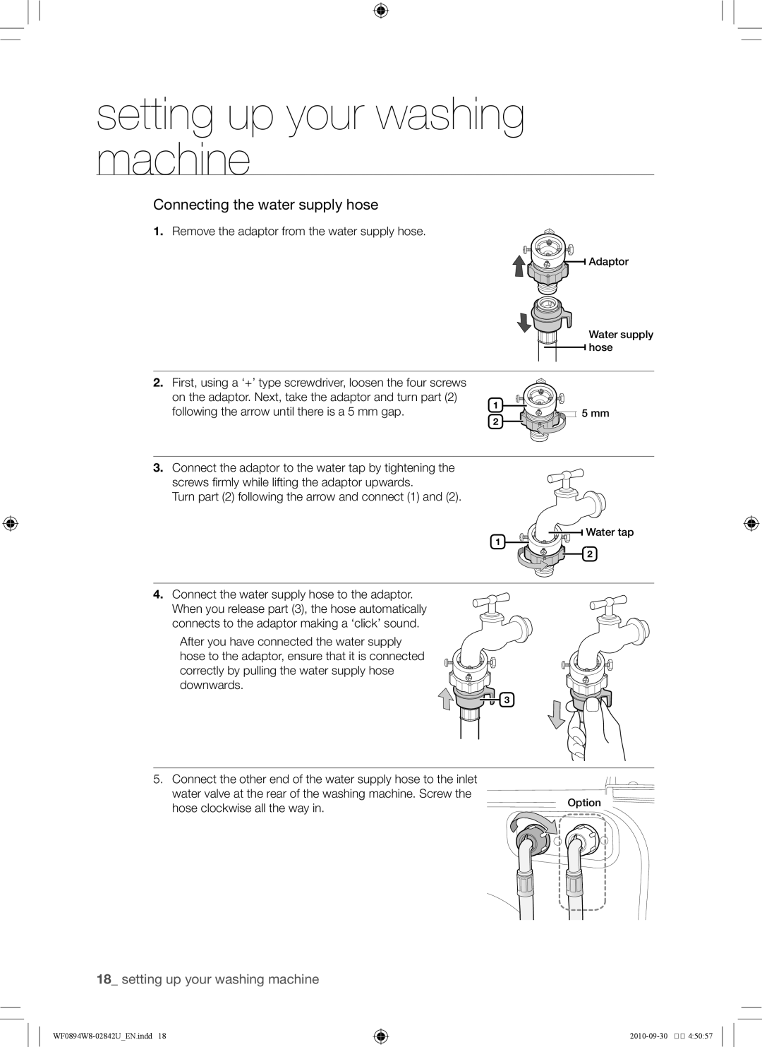 Samsung WF0894W8E/XSV, WF0894W8E1/XSV manual Remove the adaptor from the water supply hose 