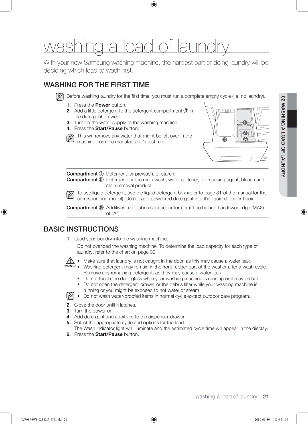 Samsung WF0894W8E1/XSV, WF0894W8E/XSV manual Washing for the first time, Basic instructions 