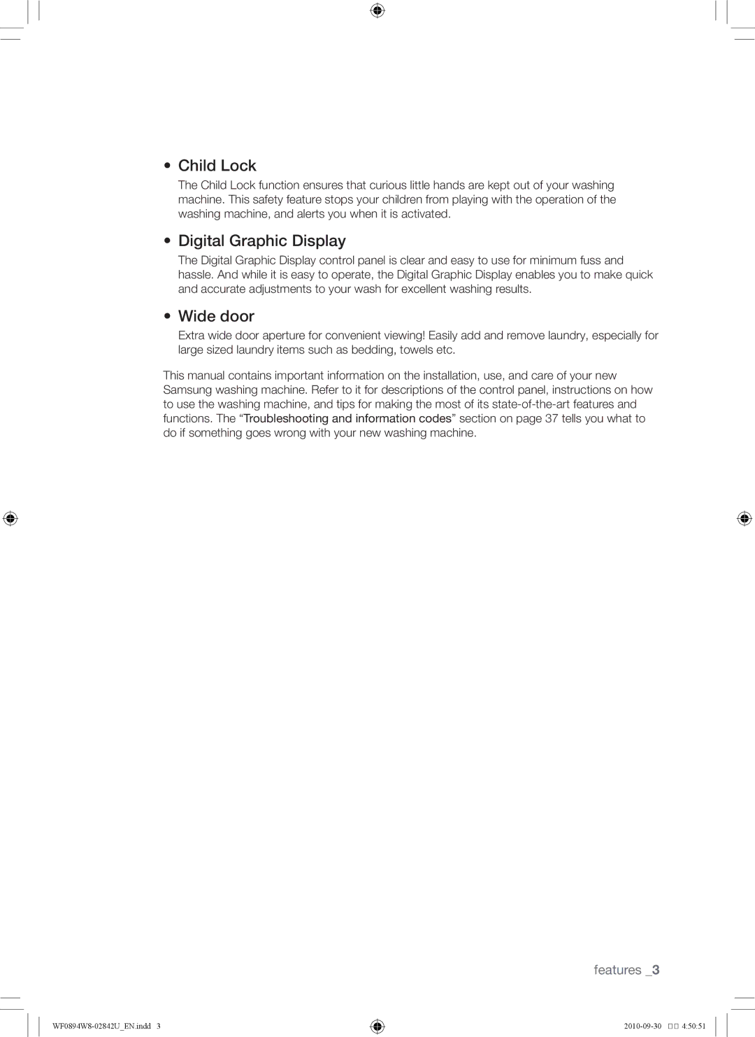 Samsung WF0894W8E1/XSV, WF0894W8E/XSV manual Child Lock, Digital Graphic Display, Wide door 