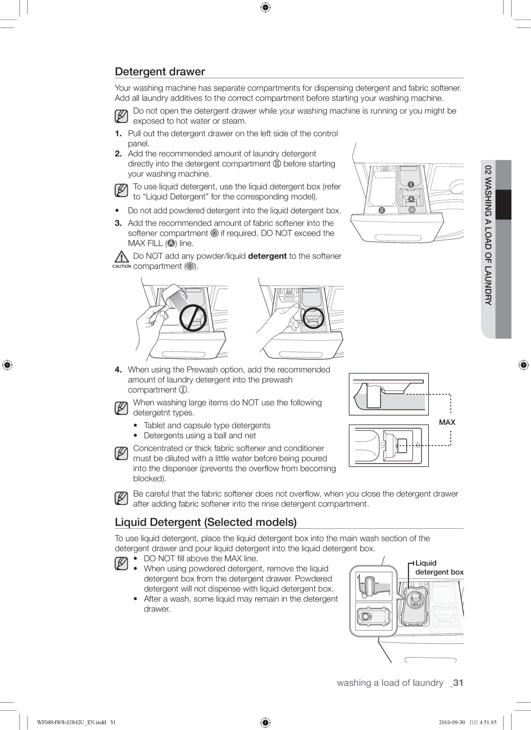 Samsung WF0894W8E1/XSV, WF0894W8E/XSV manual Detergent drawer, Liquid Detergent Selected models 