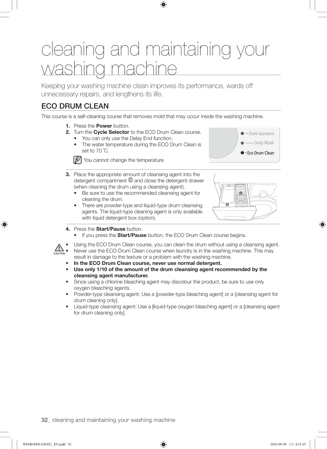 Samsung WF0894W8E/XSV, WF0894W8E1/XSV manual Cleaning and maintaining your washing machine, Eco Drum Clean 