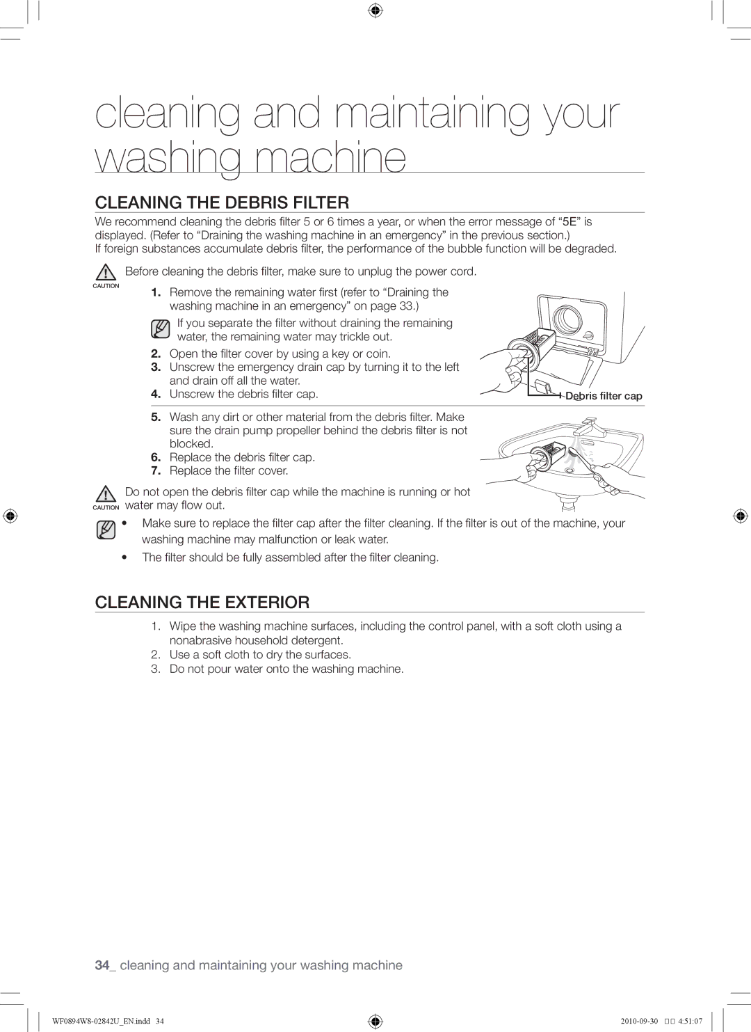 Samsung WF0894W8E/XSV, WF0894W8E1/XSV manual Cleaning the debris filter, Cleaning the exterior 