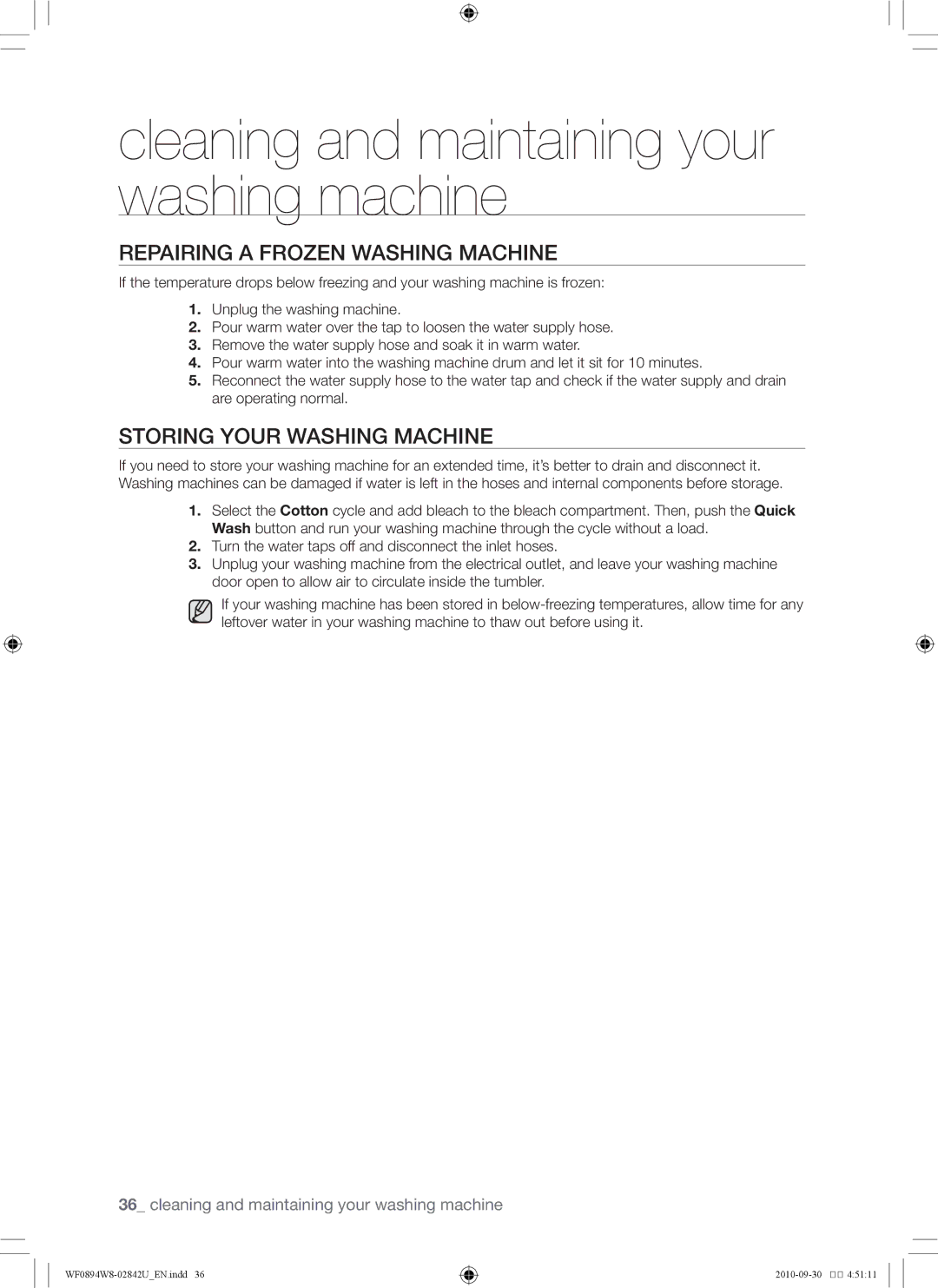 Samsung WF0894W8E/XSV, WF0894W8E1/XSV manual Repairing a frozen washing machine, Storing your washing machine 