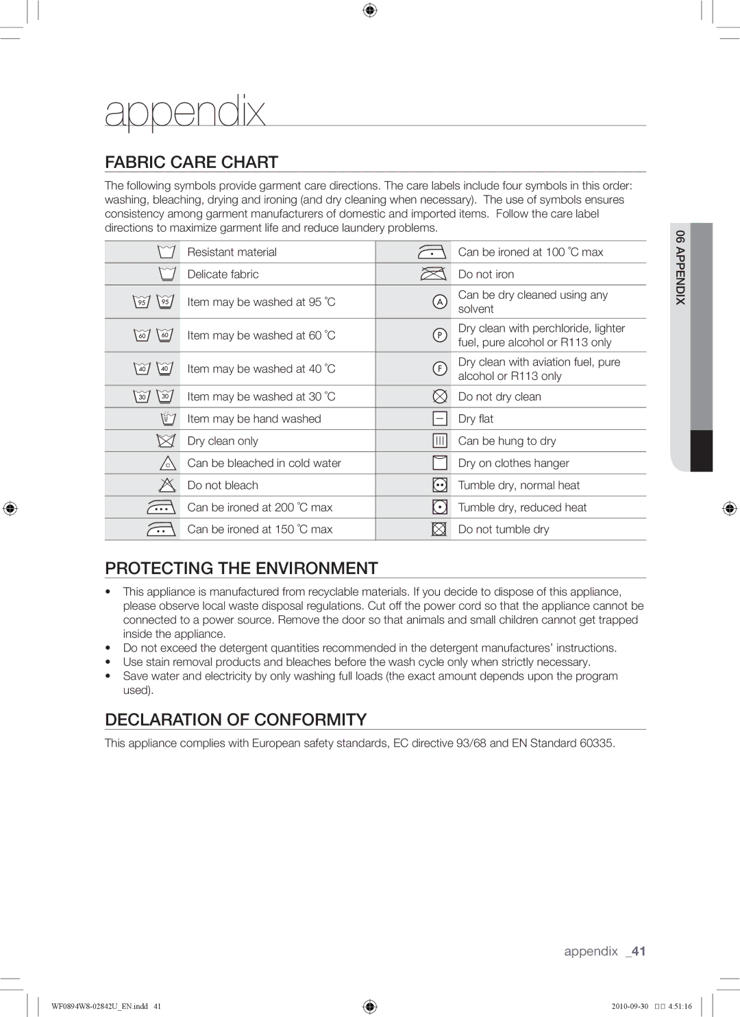 Samsung WF0894W8E1/XSV, WF0894W8E/XSV manual Fabric care chart, Protecting the environment, Declaration of conformity 