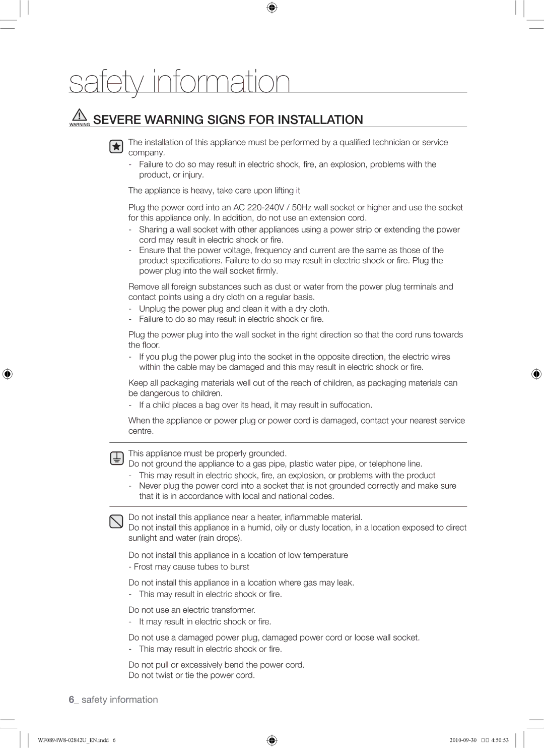 Samsung WF0894W8E/XSV, WF0894W8E1/XSV manual Safety information 