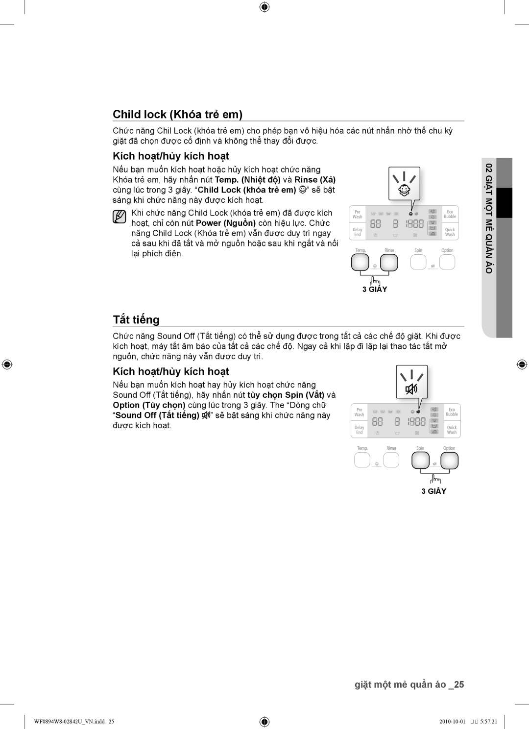 Samsung WF0894W8E1/XSV, WF0894W8E/XSV manual Child lock Khó́a trẻ em, Tắ́t tiế́ng 