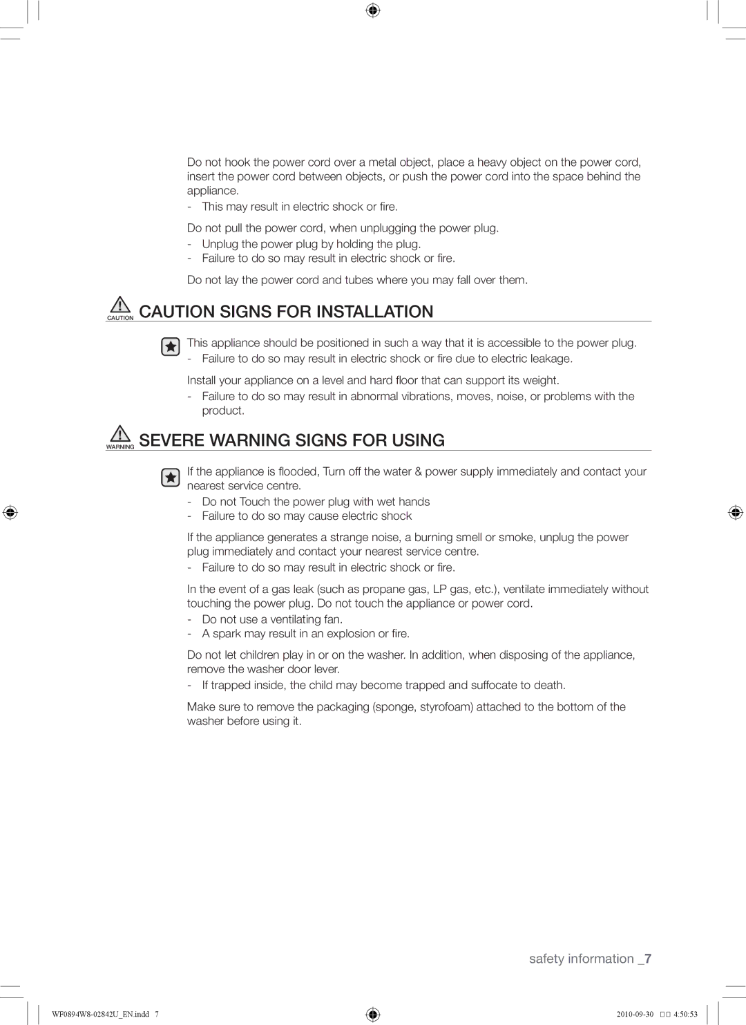 Samsung WF0894W8E1/XSV, WF0894W8E/XSV manual Safety information 