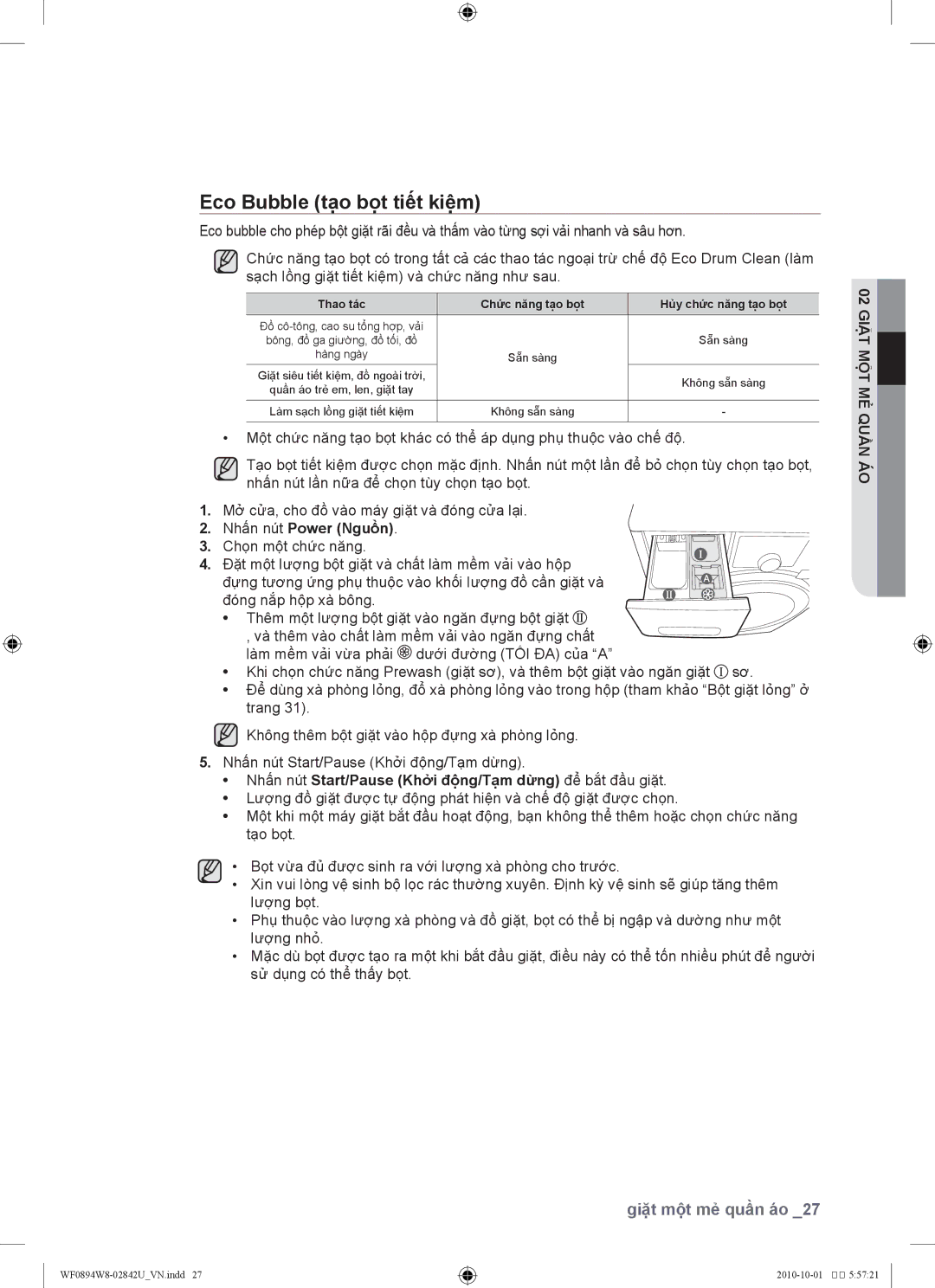 Samsung WF0894W8E1/XSV manual Eco Bubble tạo bọ̣t tiế́t kiệm, Nhấ́n nút Start/Pause Khởi độ̣ng/Tạm dừng để bắ́t đầ̀u giặt 