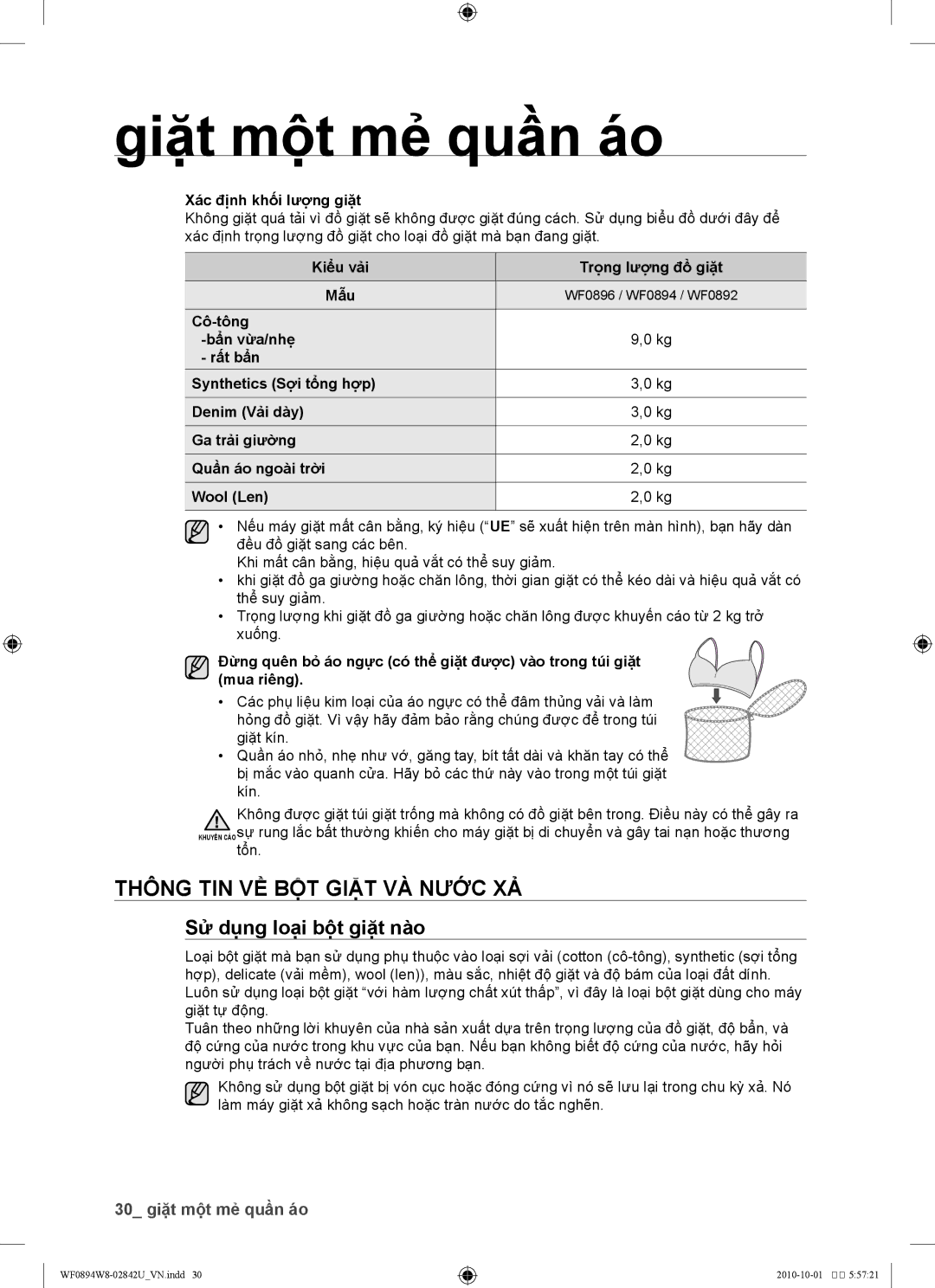 Samsung WF0894W8E/XSV manual Thông tin về bột giặt và nước xả, Sử dụng loại bộ̣t giặt nào, Xác định khối lượ̣ng giặt 