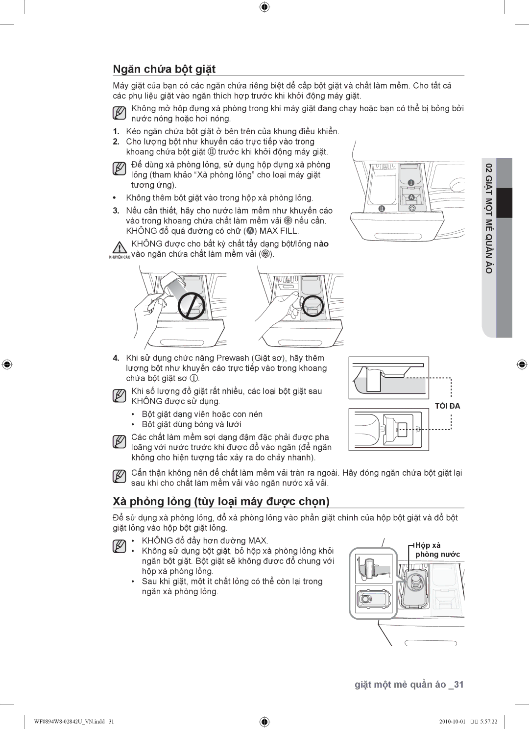 Samsung WF0894W8E1/XSV, WF0894W8E/XSV manual Ngăn chứ́a bộ̣t giặt, Xà phỏ̉ng lỏ̉ng tùy loại máy đượ̣c chọ̣n 