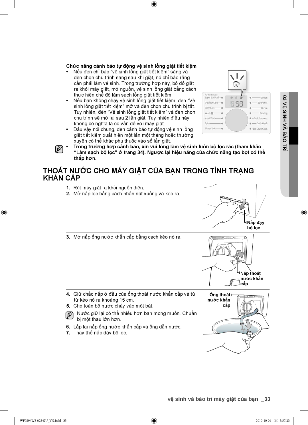 Samsung WF0894W8E1/XSV, WF0894W8E/XSV manual Thoát nước cho máy giặt của bạn trong tình trạng khẩn cấp, Tro bảàv h ins vệ03 