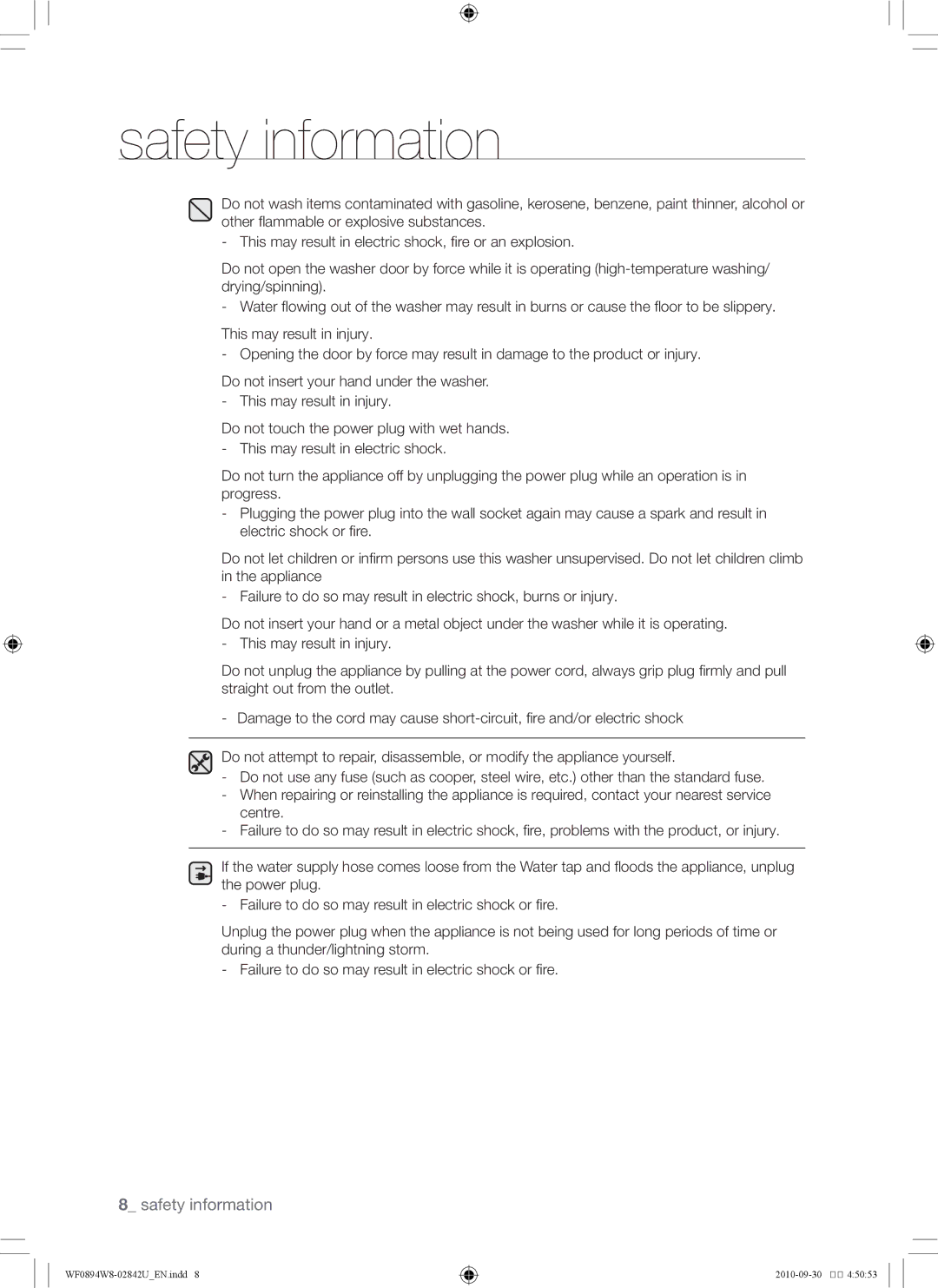 Samsung WF0894W8E/XSV, WF0894W8E1/XSV manual Safety information 