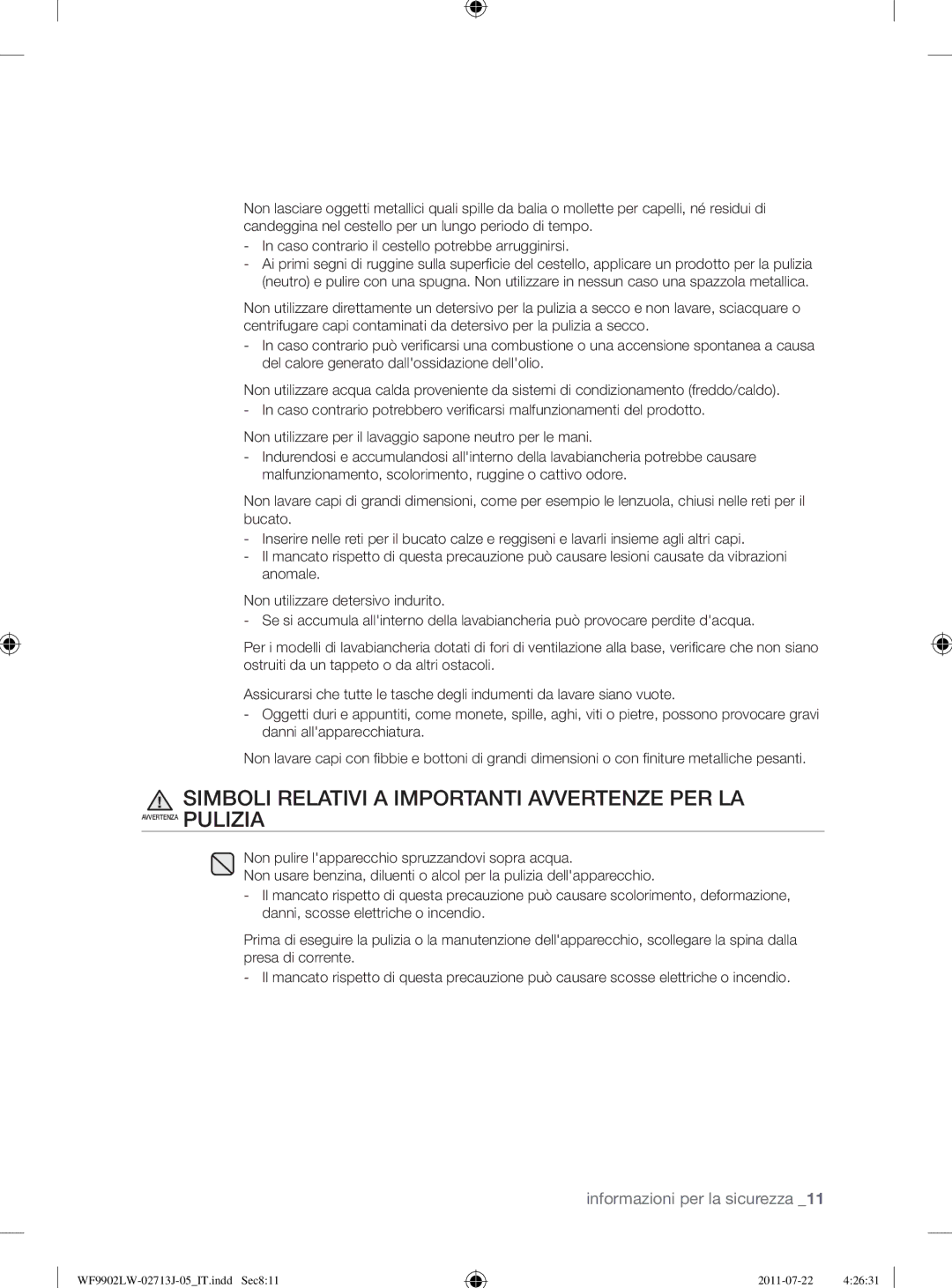 Samsung WF0802LWW1/XET, WF0902LWE1/XET, WF9902LWE/XET, WF0802LWV1/XET manual Simboli Relativi a Importanti Avvertenze PER LA 