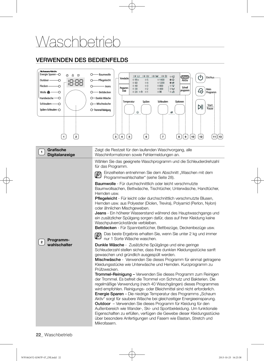 Samsung WF10664YJW/XEG, WF10634YJV/XEG manual Verwenden des Bedienfelds, Grafische, Digitalanzeige, Programm, Wahlschalter 